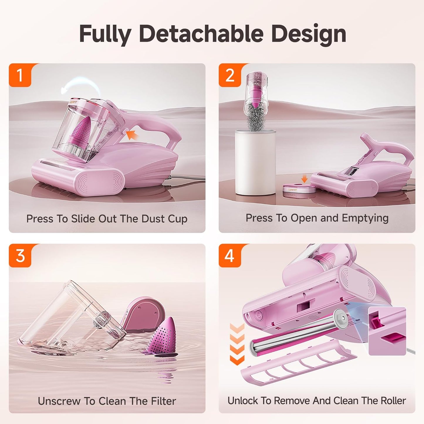 uwant Bed Cleaner with 16Kpa Suction Metal Roller 253.7nm Uv-c Light Mattress Vacuum Cleaner 36000RPM/Min 149℉ Heating HEPA Filter&Ultrasonic Mattress Vacuum for Sofa, Pillow, Bed Throws, Pink