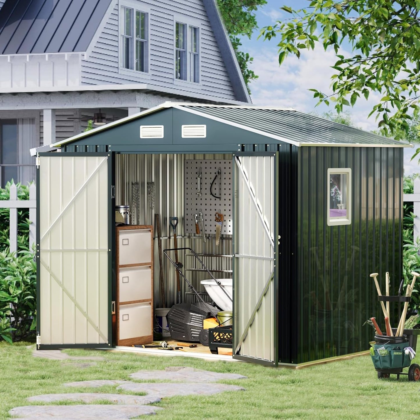 Breezz 6x8FT Outdoor Steel Storage Shed with Frame Floor,Clear Window, Lockable Doors, Weather-Resistant Metal Tool Shed for Garden, Backyard, Patio, and Utility Storage