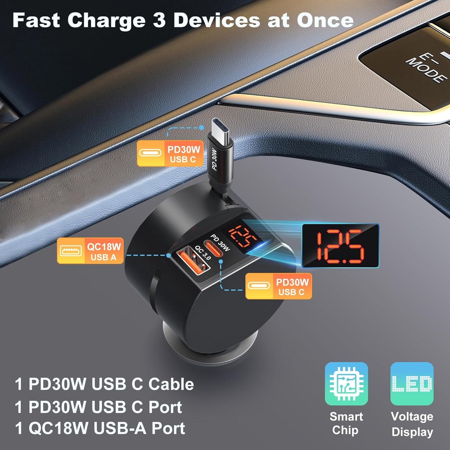 Retractable USB C Car Charger with Cord, OKRAY 78W 3-Port 12v Cigarette Lighter Adapter PD30W Fast Charging Samsung Car Charger & Coiled USB C Cable for Samsung Galaxy S25 S24 A16,iPhone 16 15 Pro Max