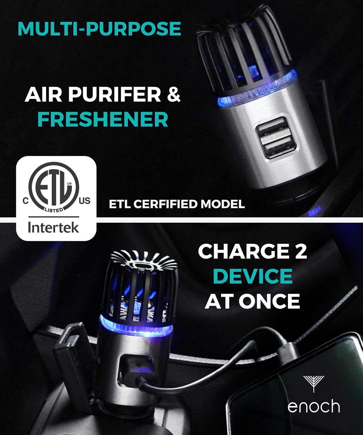 Enoch Car Air Purifier Premium Air Ionizer - 12V Plug-In Ionic Ozone Deodorizer Accessory with Dual USB Car Charger - Eliminates Cigarette Smoke, Pet and Food Odors, Dust (Gray Silver)