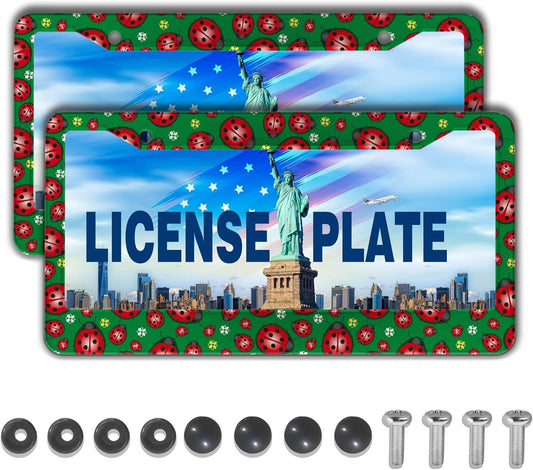 License Plate Frame Red Green License Plate Protector Cute Ladybug and Flowers Universal Aluminum Car Accessory 2 Pack with Screw Covers Set