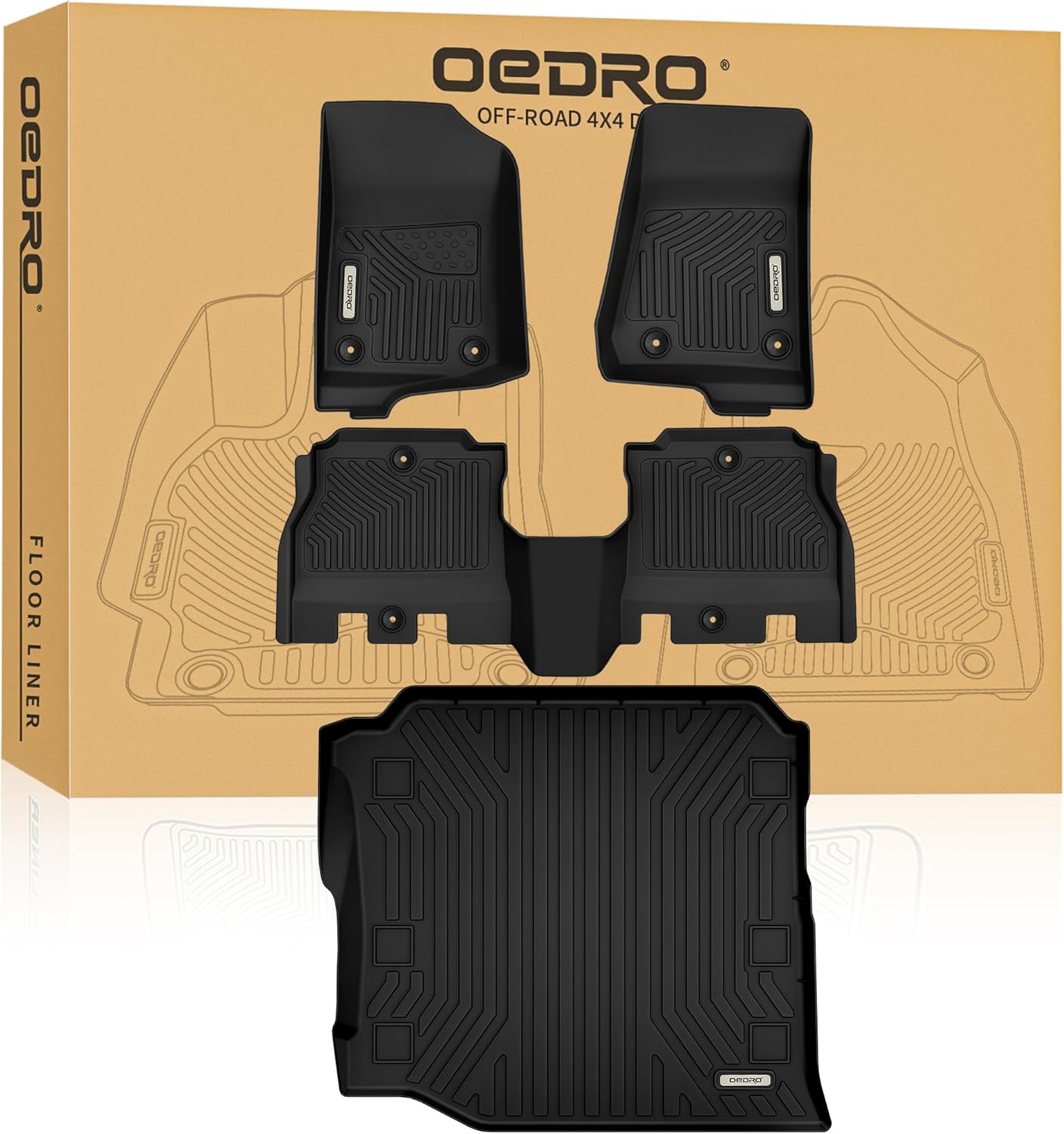 OEDRO Floor Mats Set Fit for 2018-2025 Jeep Wrangler JL Unlimited 4-Door(Not Fit for JK and 4XE), Includes 1st, 2nd Row & Rear Cargo Liners, Custom Fit TPE All Weather Car Floor Liner Set, Black