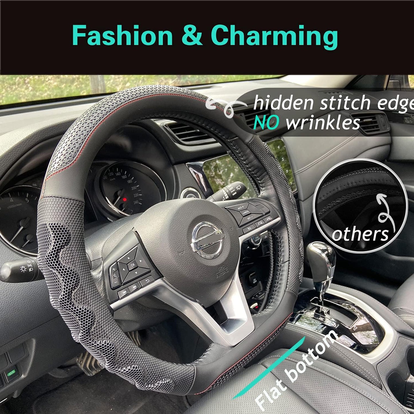 PINCTROT D Shaped 14 Inch Small Sized Steering Wheel Cover Great Grip with 3D Honeycomb Anti-Slip Design, Flat Bottom 14 Inch (Black/Red Stitch)