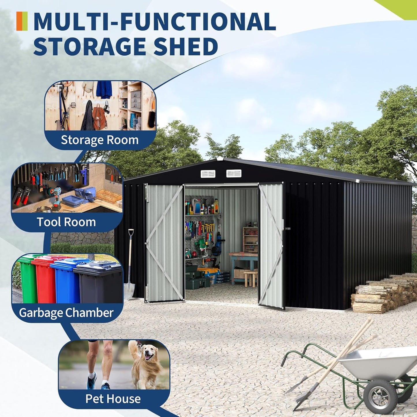 8x10 FT Metal Storage Sheds Outdoor with Floor, Metal ToolShed with Lockable Door, Metals Yard Sheds Metals Garden Shed Kit, MetalUtility Sheds Buildings with Air Vent for Backyard Garden Patio Lawn