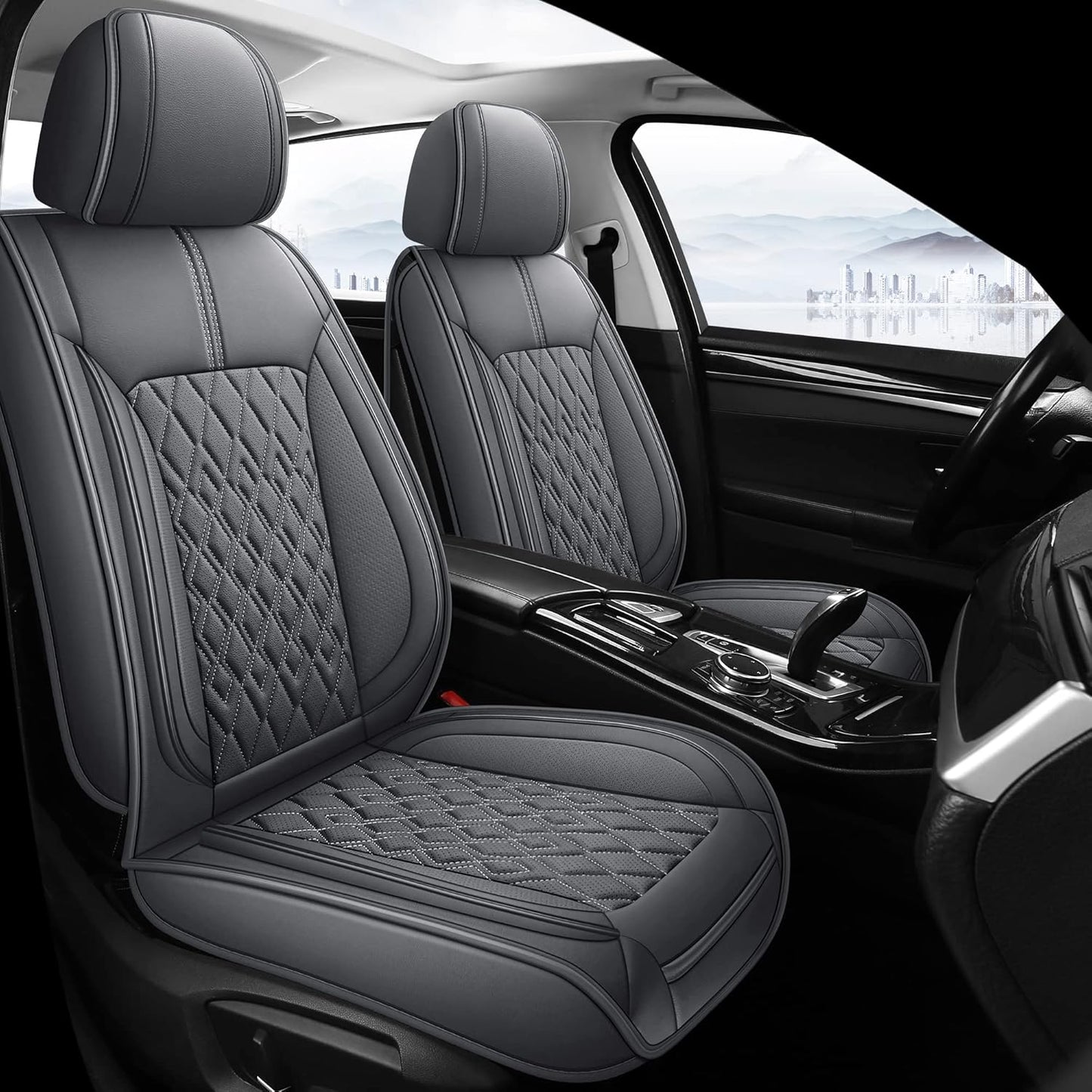 Pariitadin Leather Car Seat Covers Front Pair, Waterproof Breathable Faux Leather Automotive Seat Covers for Cars, Non-Slip Car Interior Covers Universal Fit Most Cars Sedans Trucks SUVs, Gray