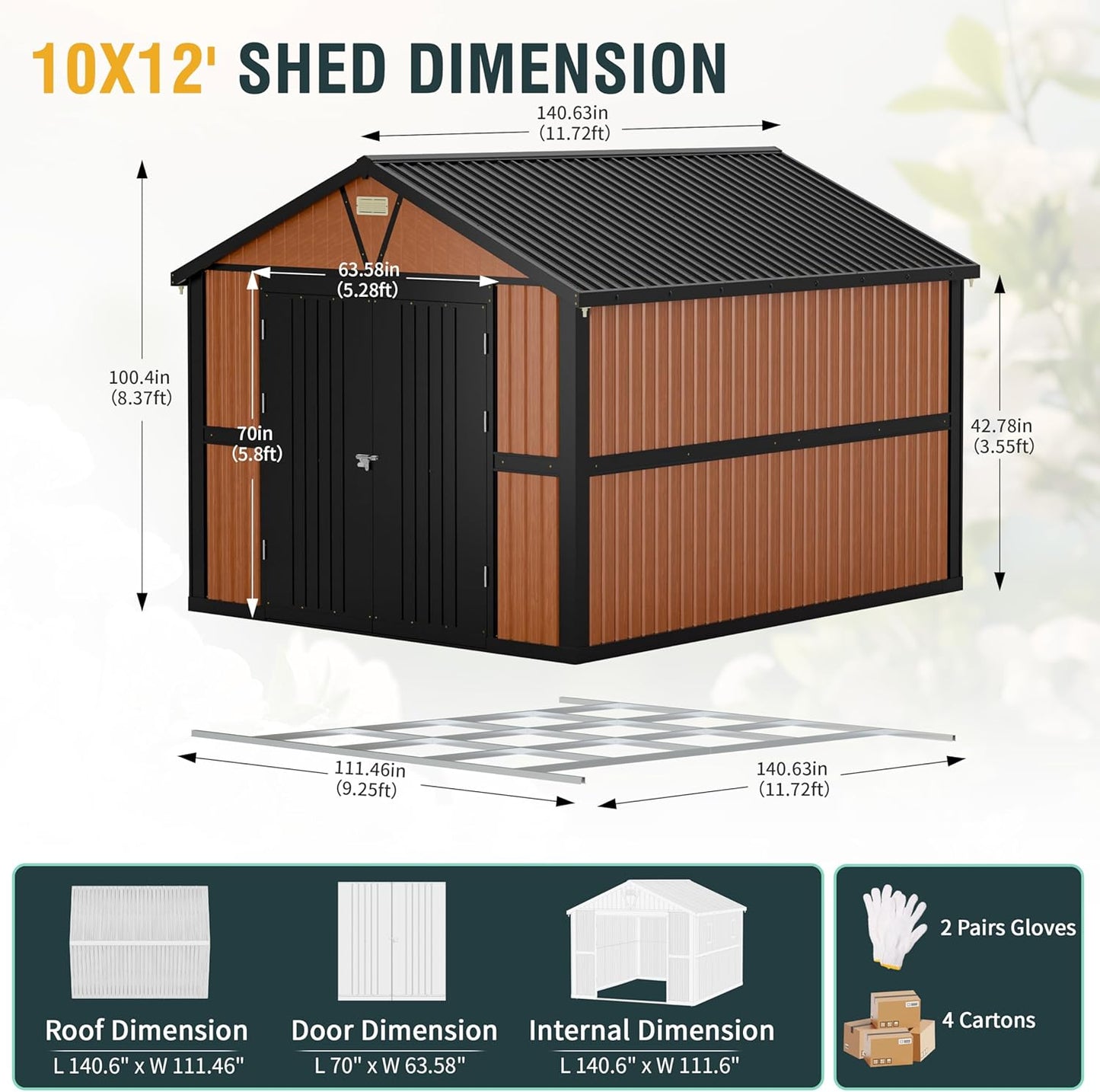 10x12 Ft Outdoor Storage Shed, Extra Large Metal Shed with Frame Floor, Lockable Doors, 2 Windows, Outside Steel Tiny House Ideal for Garden, Backyard, Patio Utility, Tool Storage