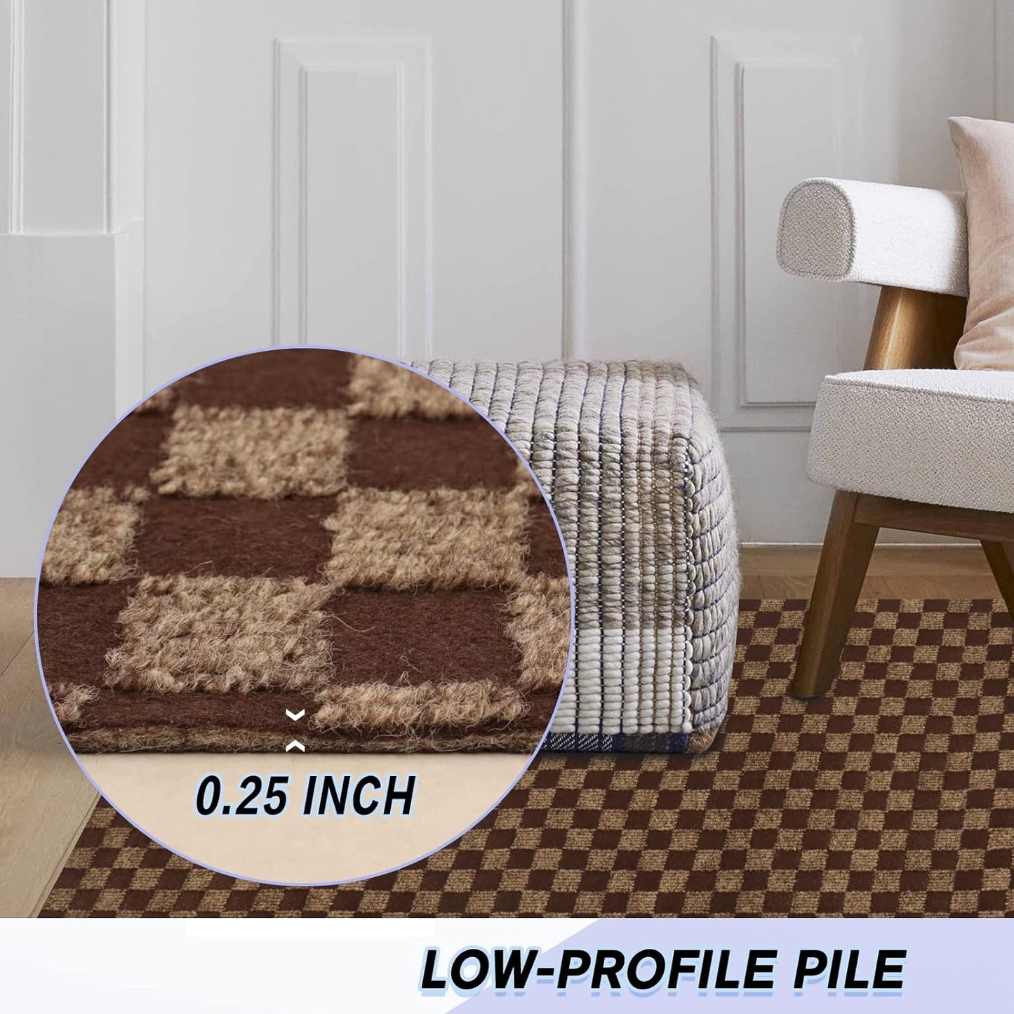 Custom Size Backed Non-Slip Area Rugs Runner, Easy Clean, Waterproof Runner Rugs for Hallway Entryway, Kitchen, Laundry, 3FT x 22FT, Brown Checkered