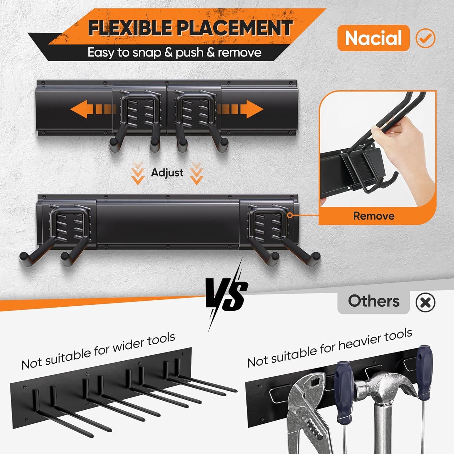 Garden Tool Organizer Wall Mount, 64 inches Tool Storage Rack with Adjustable Hooks, 600lbs Adjustable Heavy Duty Metal Hooks, Yard Shed Rack Holder System Hanging Rake Broom Mop Snowboard, Men Gift