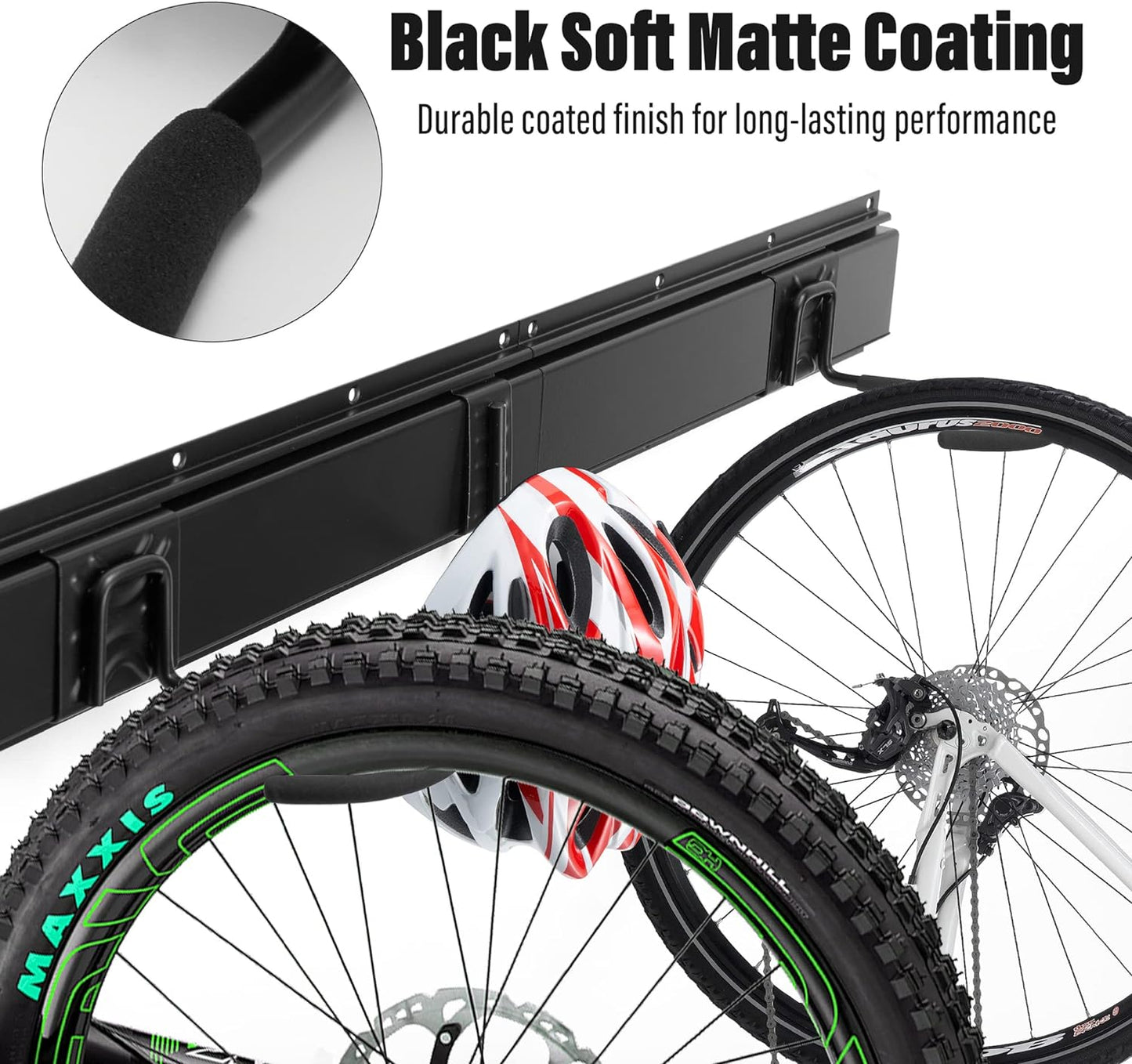 Sinoer Bicycle Wall Rack, Wall Mount for 4 Bicycles + 2 Helmets, Tool Storage Hook Adjustable for Garage or Home, Vertical Bicycle Hanger (Inner Width: 90 mm) - 2 Rails