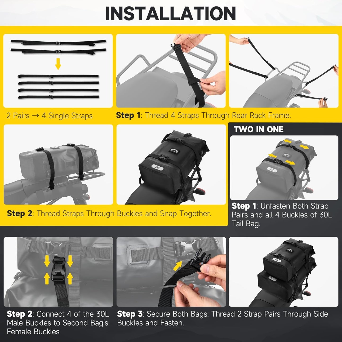 Motorcycle Tail Bag, 15L Waterproof Motorcycle Saddle Bag, 2 Size and 3 Color Options Travel Bag, PVC Luggage Bag, Rear Seat Bag, Classic Black GT-15BL