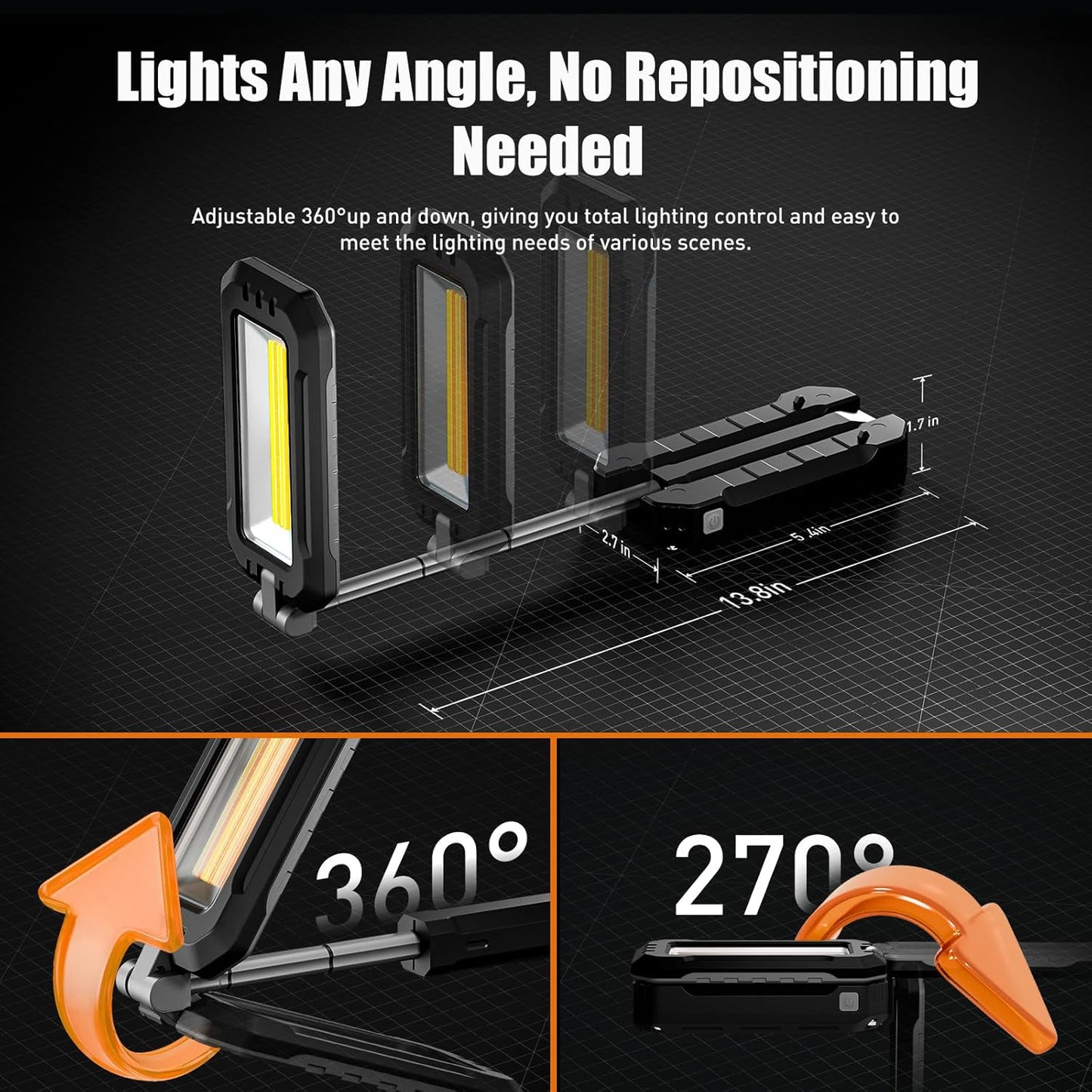 Rechargeable Work Light with Magnetic Base, 1200 Lumens LED Work Light, Portable Magnetic Work Lights with Hook Mechanic Light for Job Site, Workshop, Emergency and Camping
