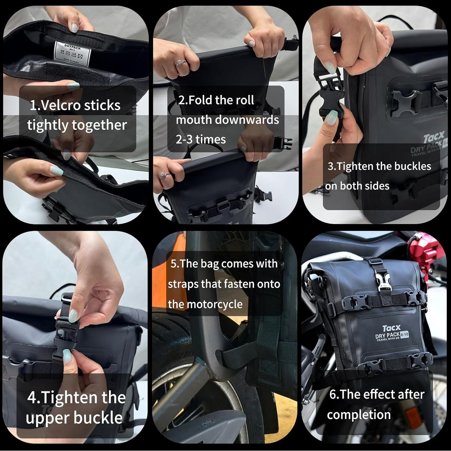 Motorcycle Tail Bag Front Bumper Bag, 8L Roll-top Waterproof Motor Saddle Panniers Luggage Bags for Motorcy-Black