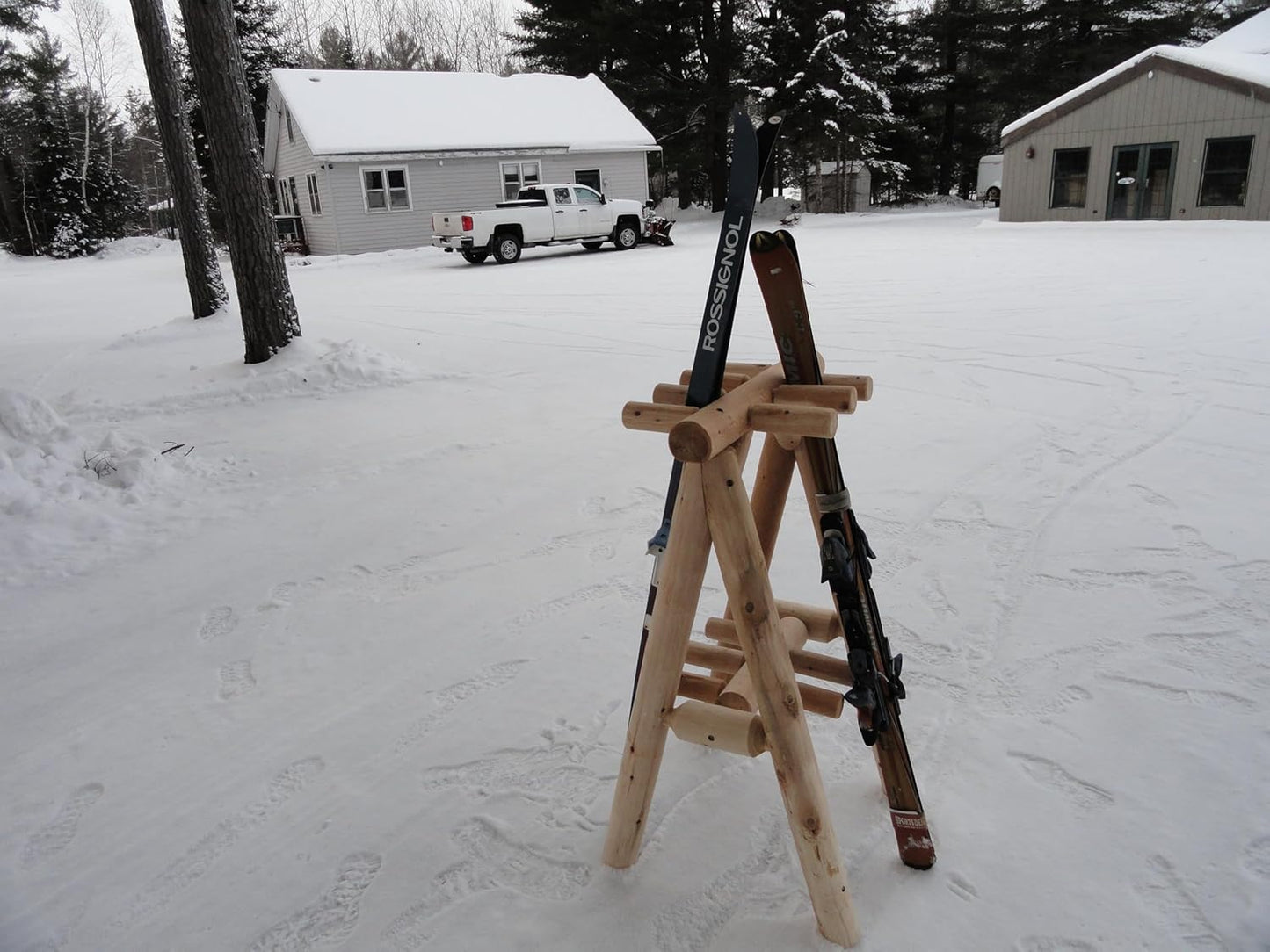 9-Place Freestanding Log Ski Rack Holder, Indoor & Outdoor Snowboard Racks, Standing Storage, Garage Racks for Snow Skis & Poles, Snowboard Rack Garage Storage Organizer - Natural + 15" Anchor Kit