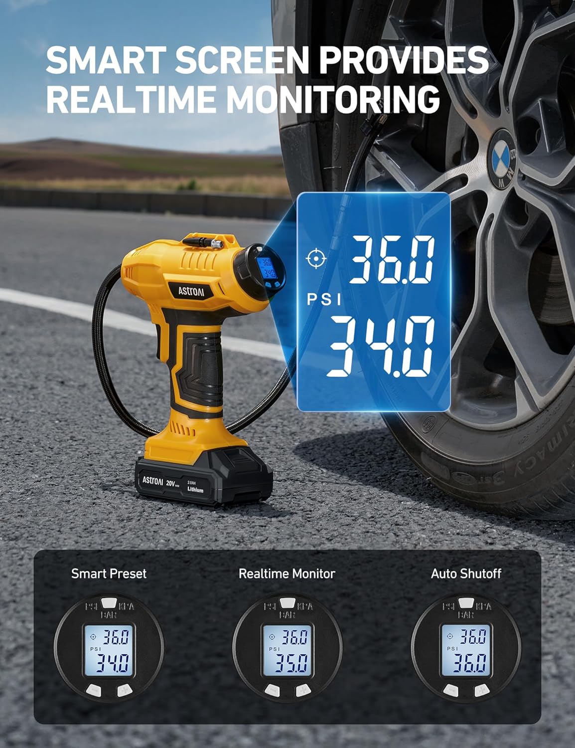 AstroAI Cordless Tire Inflator Air Compressor 20V Rechargeable Battery Powered 160PSI Portable Air Pump with 12V Car Power Adapter Digital Pressure Gauge for Cars Motorcycles JY16P160-18（C2）Yellow