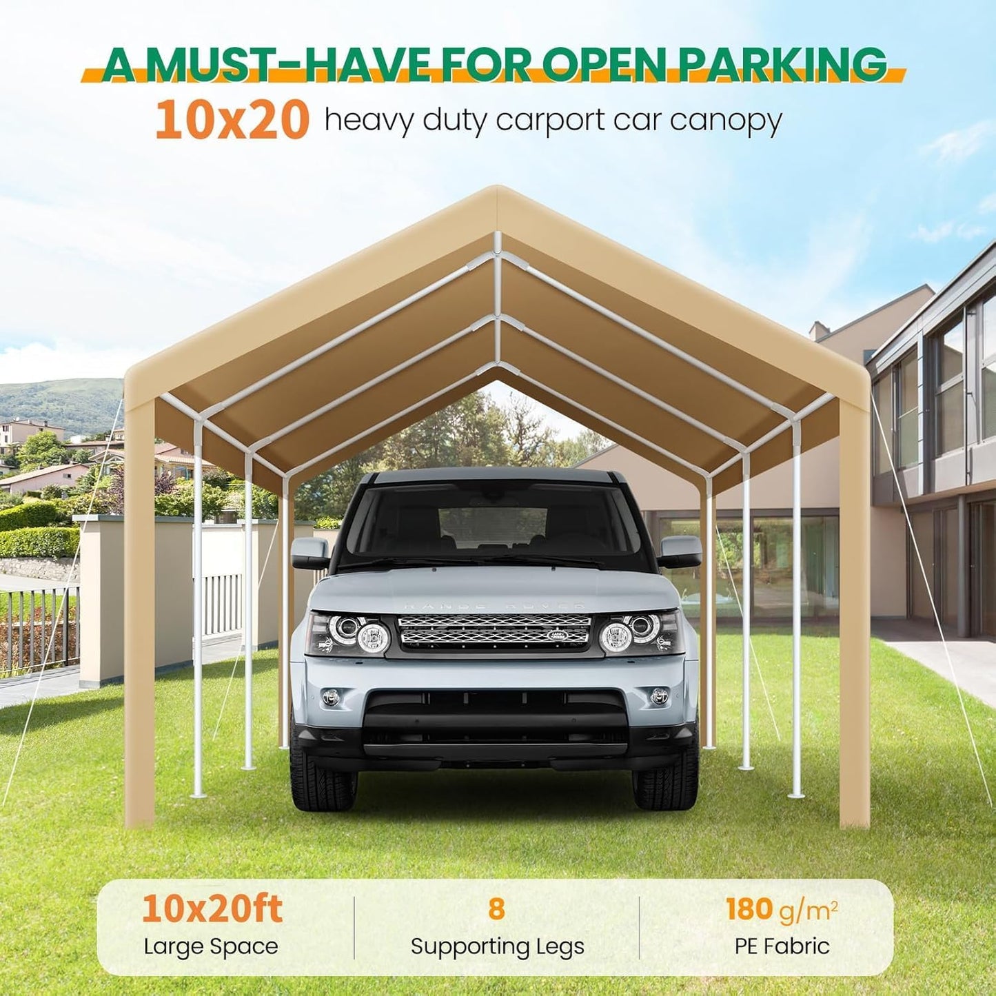 COBIZI Carports 10x20 Heavy Duty Car Tent Garage 2.0, Galvanized Frame Car Canopy Outdoor Shelter Waterproof & UV Protected with Windproof Ropes & Built-in Sandbags for Car Truck Boat, Khaki