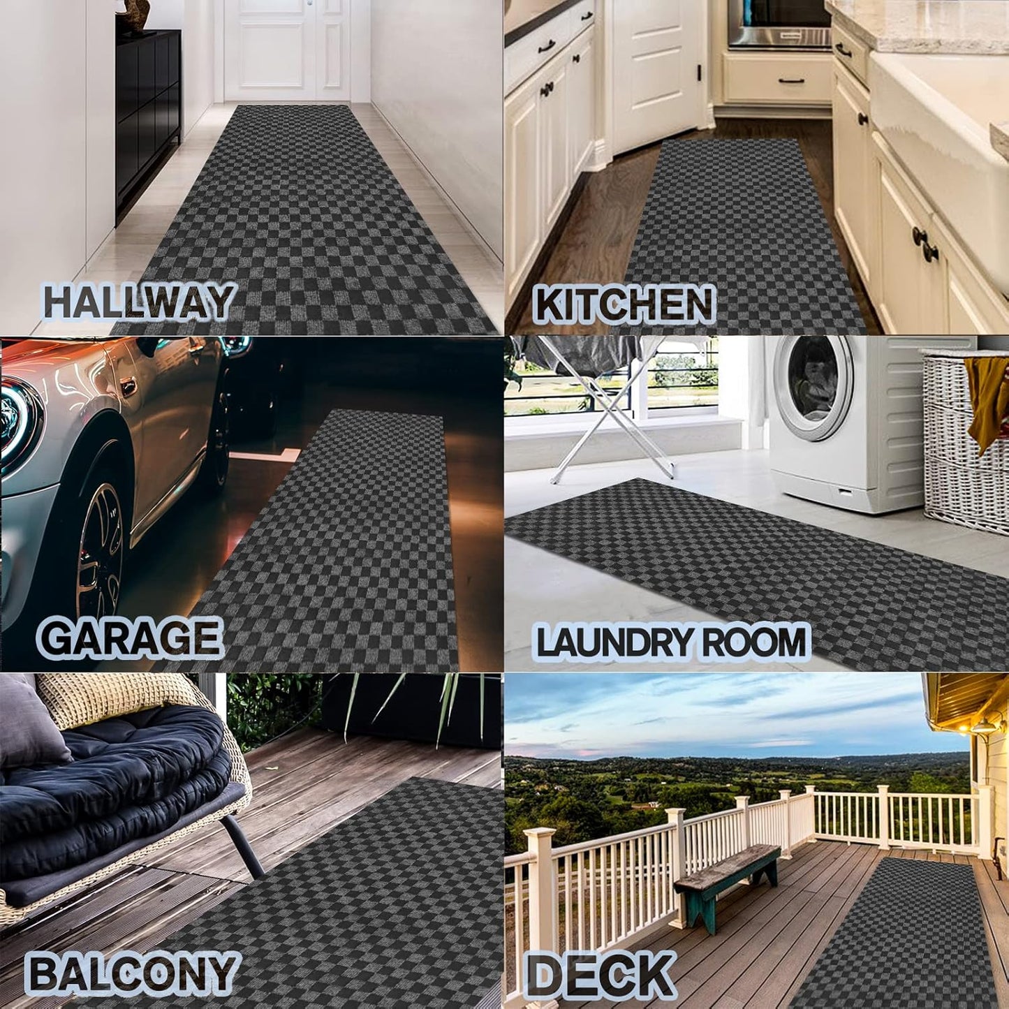 Custom Size Backed Non-Slip Area Rugs Runner, Easy Clean, Waterproof Runner Rugs for Hallway Entryway, Kitchen, Laundry, 4FT x 24FT, Gray Checkered