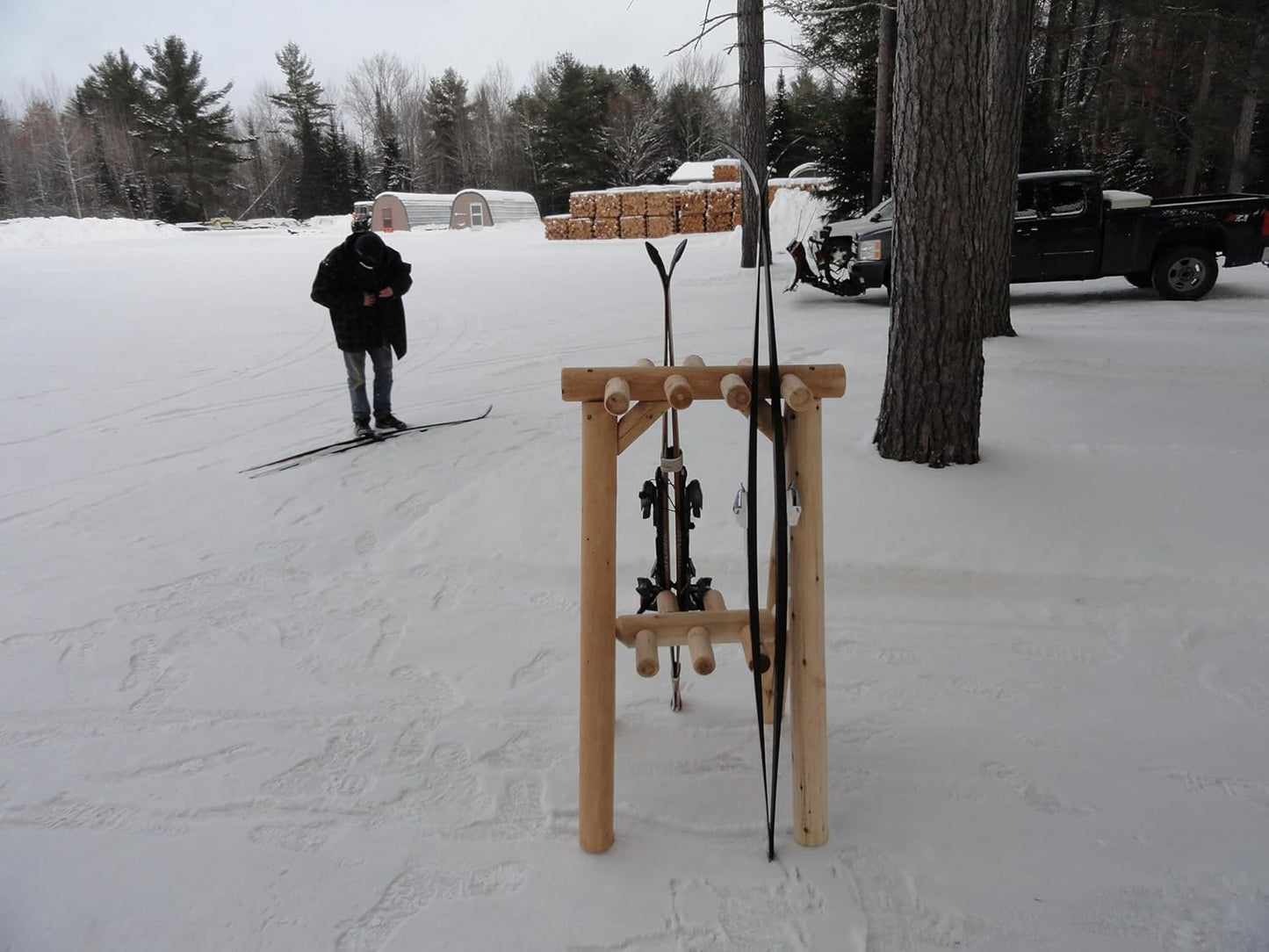 9-Place Freestanding Log Ski Rack Holder, Indoor & Outdoor Snowboard Racks, Standing Storage, Garage Racks for Snow Skis & Poles, Snowboard Rack Garage Storage Organizer - Unfinished + 15" Anchor Kit