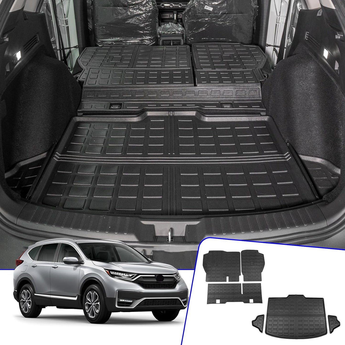 Rongtaod Cargo Mat Compatible with 2023 2024 2025 2026 Honda CRV Trunk Mat Cargo Liner TPE All Weather Back Seat Cover Protector CR-V Accessories (Fit Lower Deck,Backrest Mats+Trunk Mat)