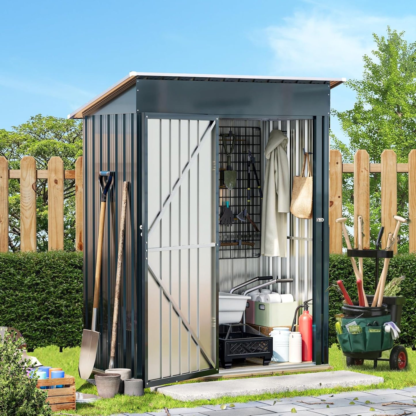 Breezz 5x3FT Vertical Outdoor Steel Storage Shed, Lockable Doors, Compact Metal Tool Shed for Garden, Backyard, Patio, Utility, and Bike Storage