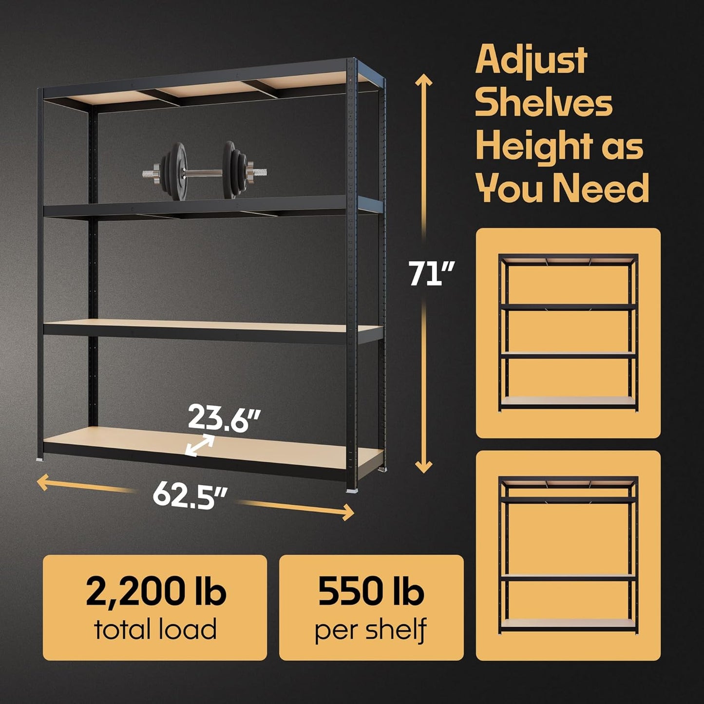 Storage Shelves: 5 Storage Shelves Heavy Duty w/ 2,200 lb Total Load Capacity, 550 per Storage Shelf 71x63x24 | Perfect Solution for Your Storage Needs | Adjustable Shelving Unit
