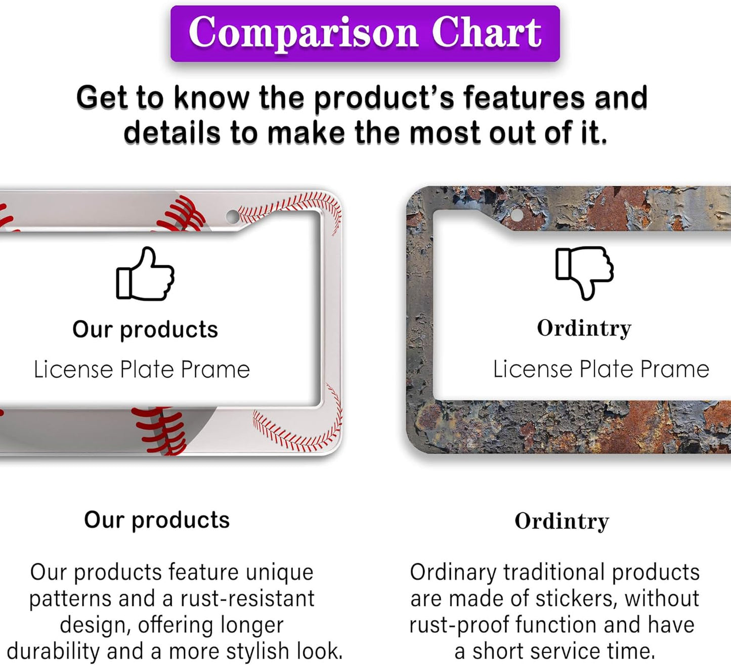 License Plate Frames for Men Red and White License Plate Cover for Women Baseball Texture Aluminum Metal Car Accessory 2 Pack with Screw Covers Set