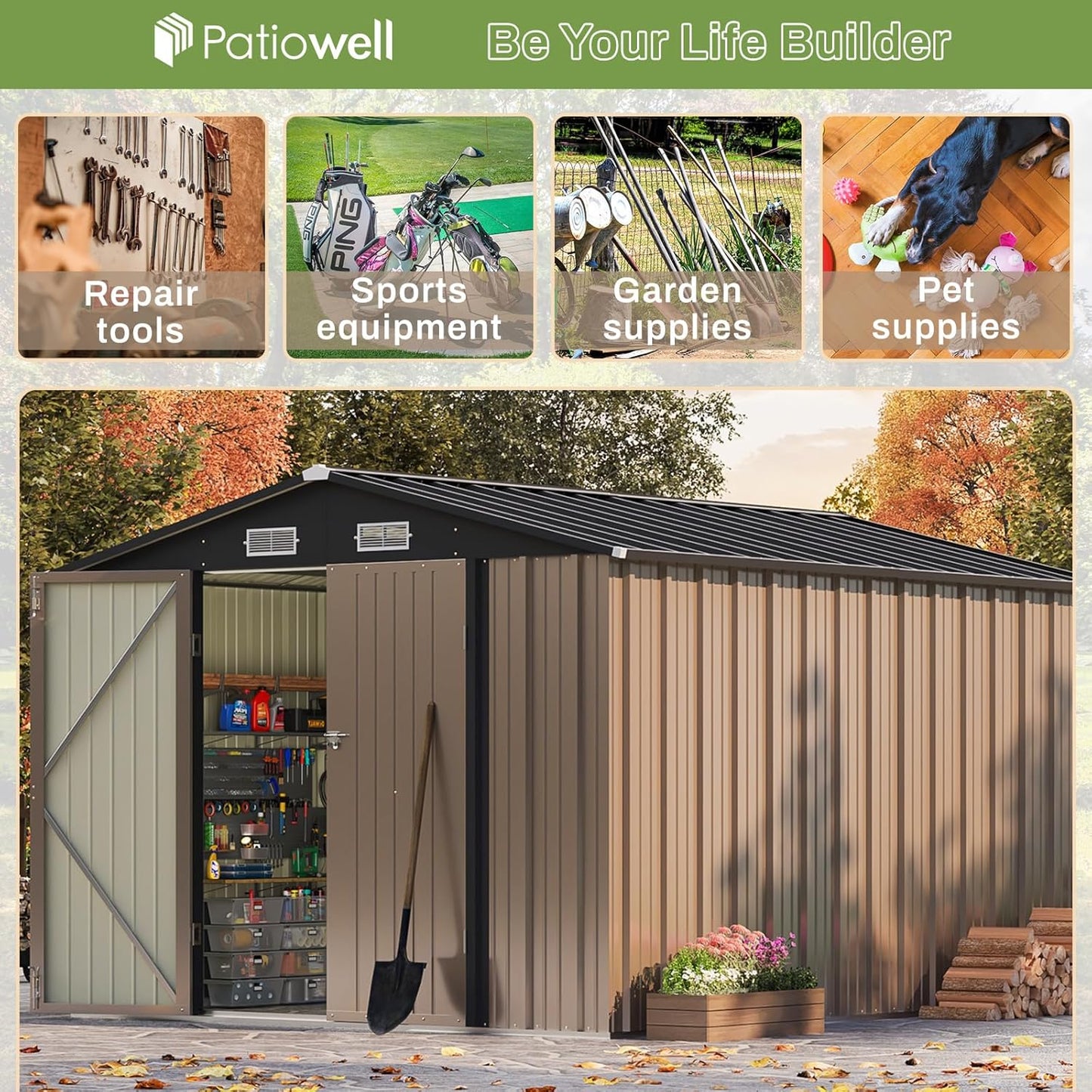 Patiowell 8x10 FT Outdoor Storage Shed with Floor Frame, Large Garden Tool Metal Shed with Sloping Roof and Double Lockable Door, Outdoor Shed for Backyard Garden Patio Lawn,Brown