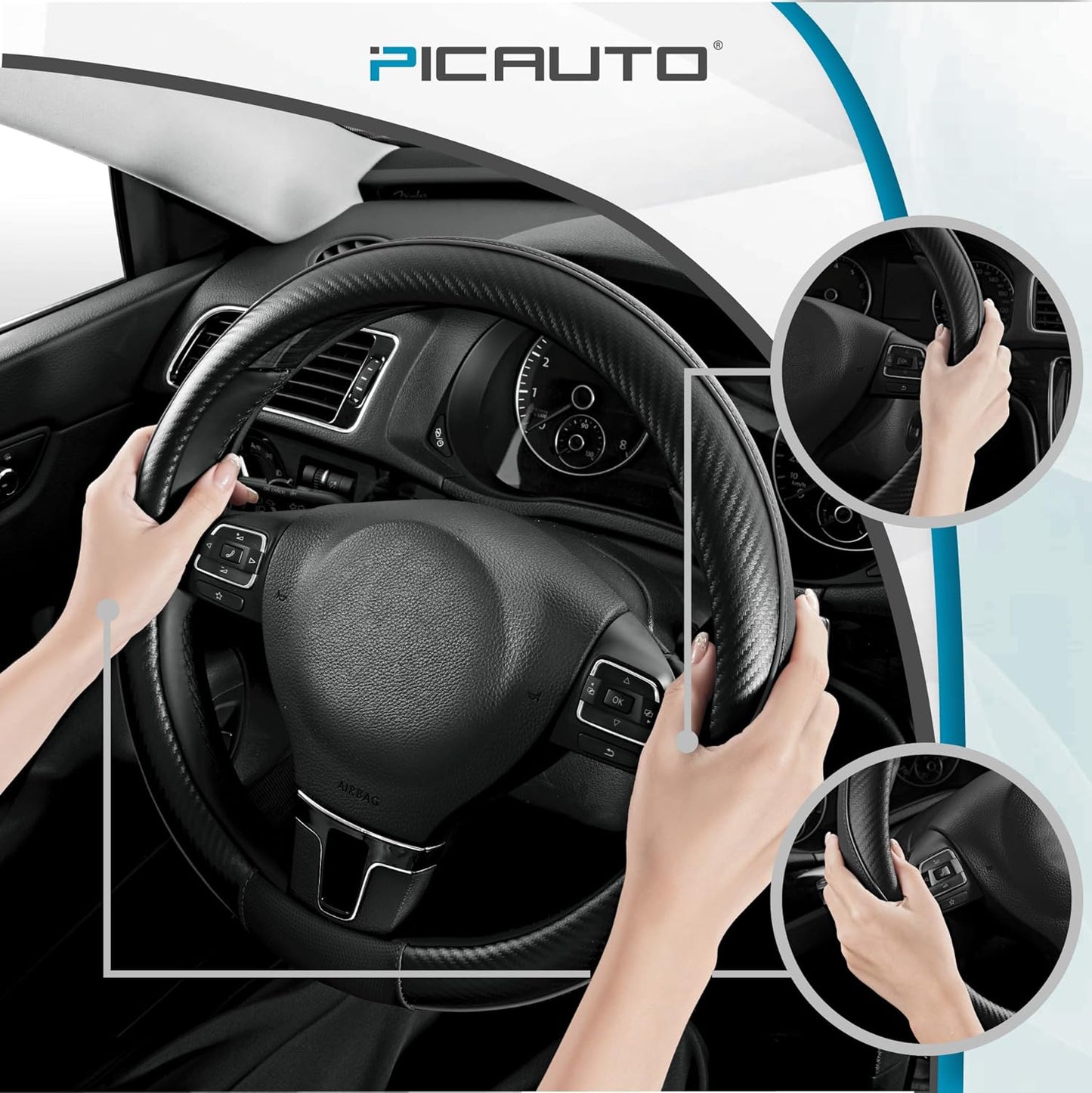 PIC AUTO Steering Wheel Cover, Black Piping Leather, Sports Carbon Fiber and Super Breathable Leather, Universal 14.5-15.5 Inch Anti-Slip Steering Wheels Accessories for Men & Women