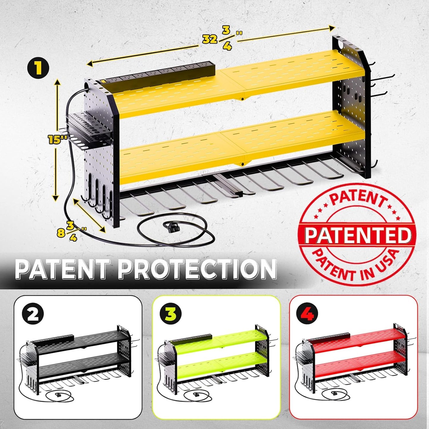 KAFAHOM Power Tool Organizer with Charging Station, Built in 8 Outlet Power Strip,Large 8 Drill Holder Wall Mount, Heavy Duty Metal Power Tool Storage Rack Tool Shelf for Garage Organization Yellow
