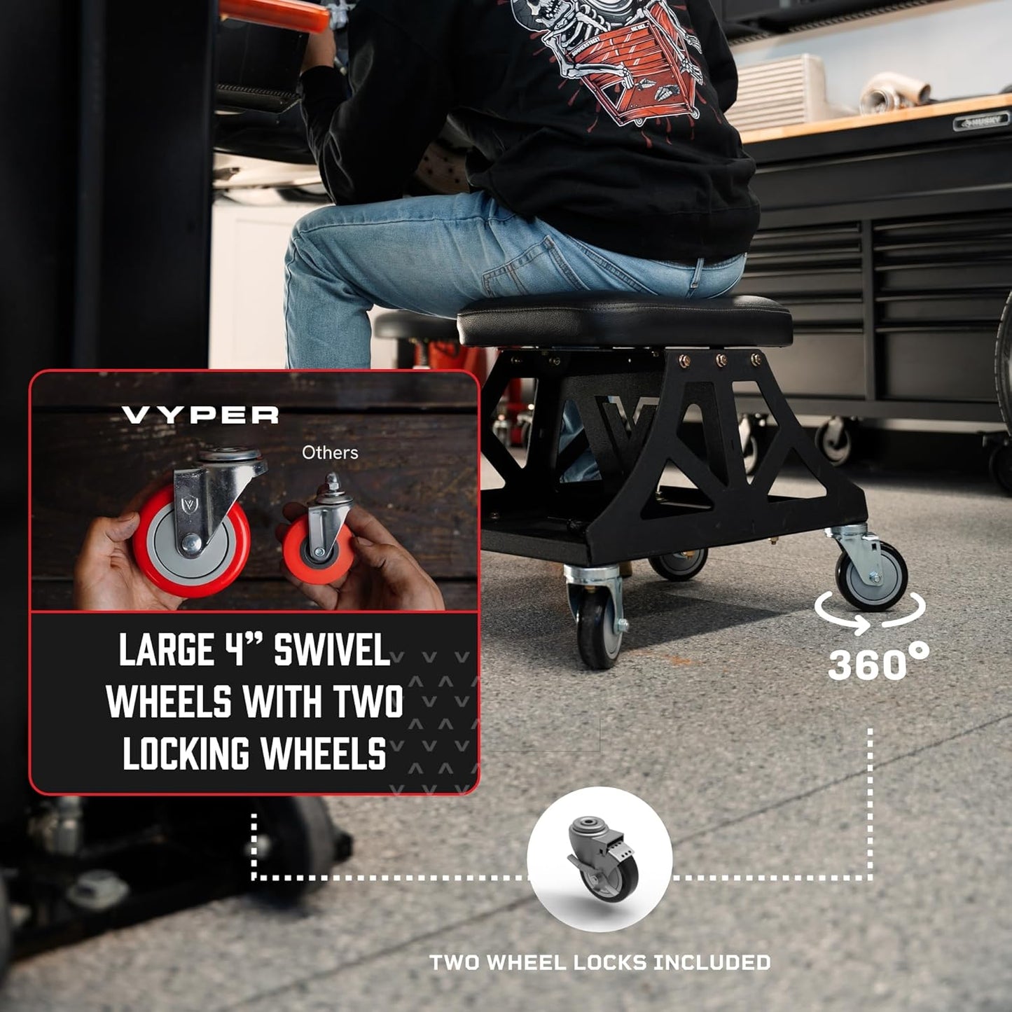 Vyper Low Pro Garage Stool with Removable Seat for Mechanics, Automotive, DIY - 400 lb Capacity Rolling Shop Chair (Black Seat, Red Frame)