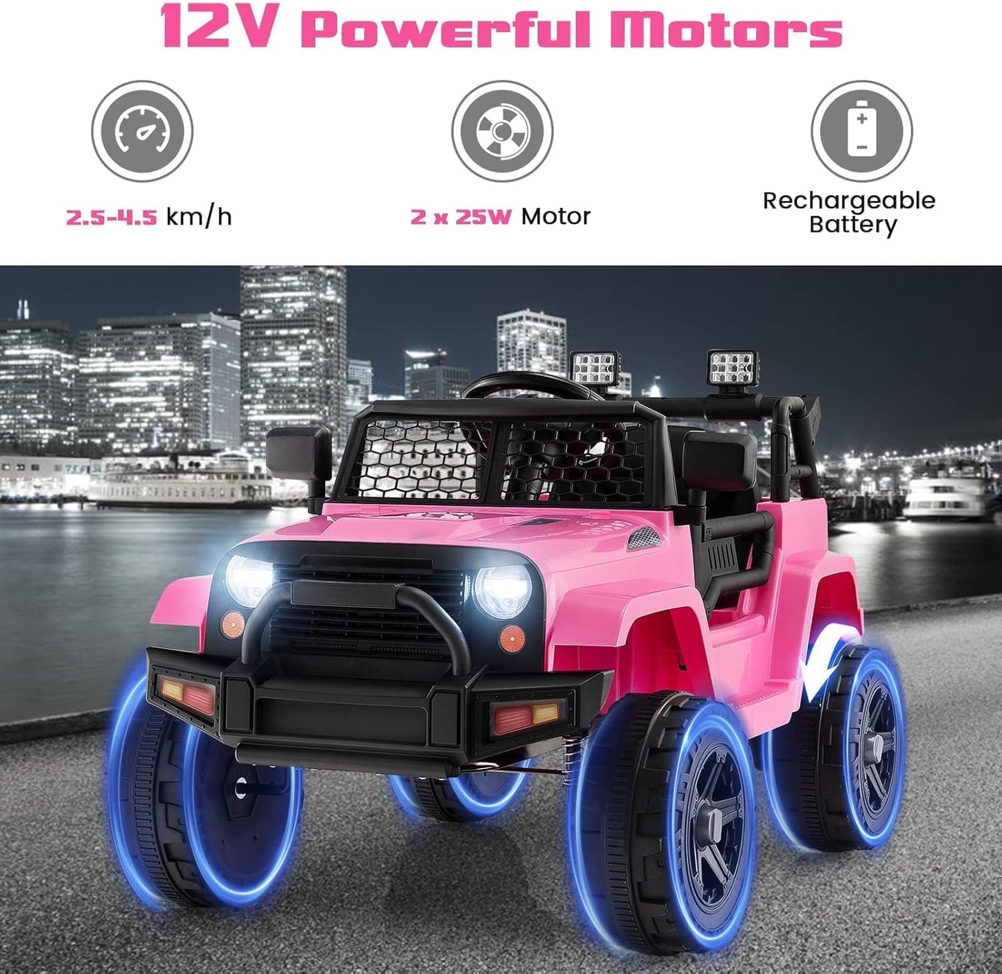 OLAKIDS Kids Ride On Truck, 12V Electric Vehicle Jeep Car with Remote Control, Toddlers Battery Powered Toy with 2 Speeds, Spring Suspension, Double Open Doors, LED Lights, Music, TF, USB, Mp3 (Pink)