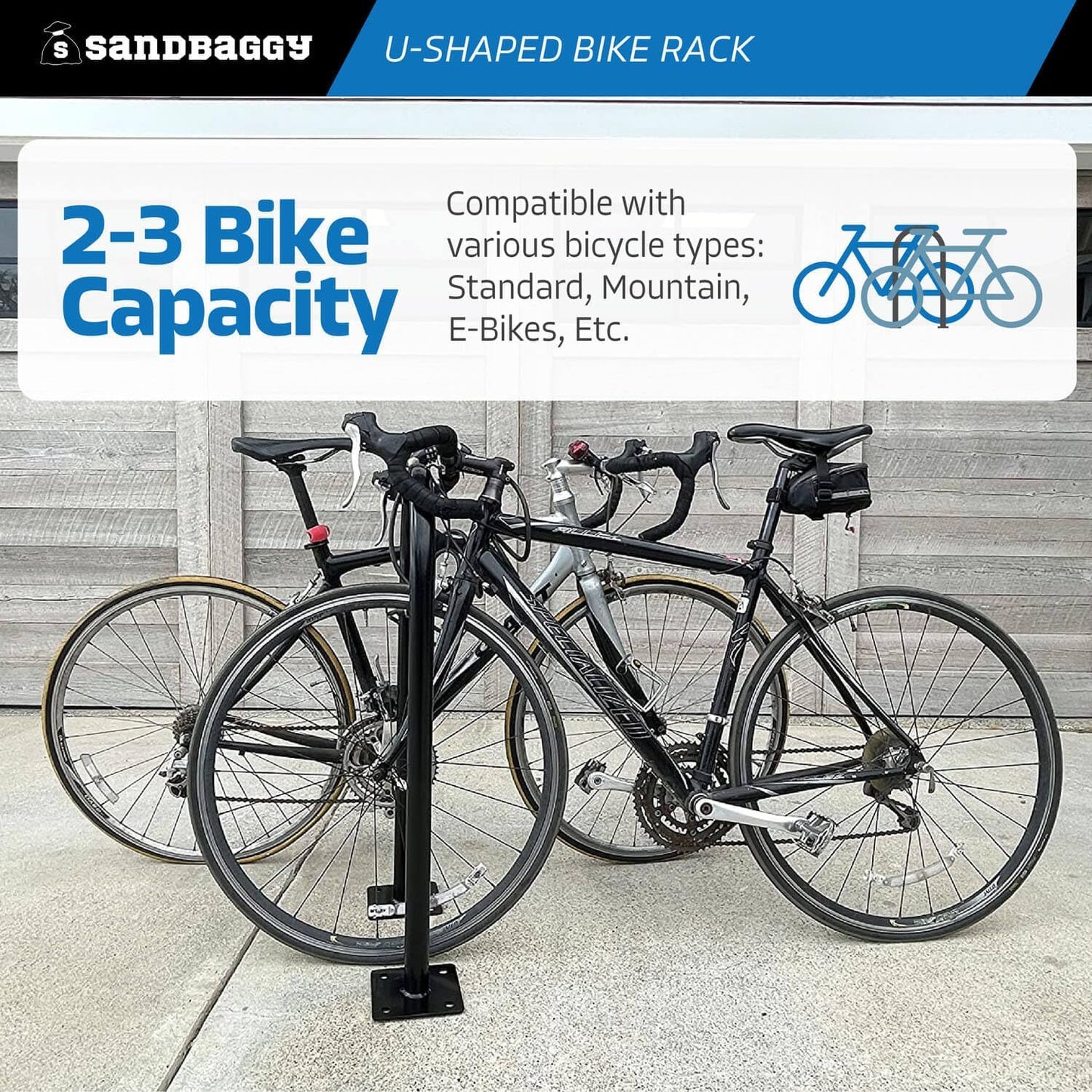 Sandbaggy Outside Bike Stand Floor - U Shaped & Commercial Standing Bike Rack - Premium Quality Galvanized Steel - Perfect Bicycle Floor Stand for Protection - Black, 14.5" x 34" - 1 Loop (50)