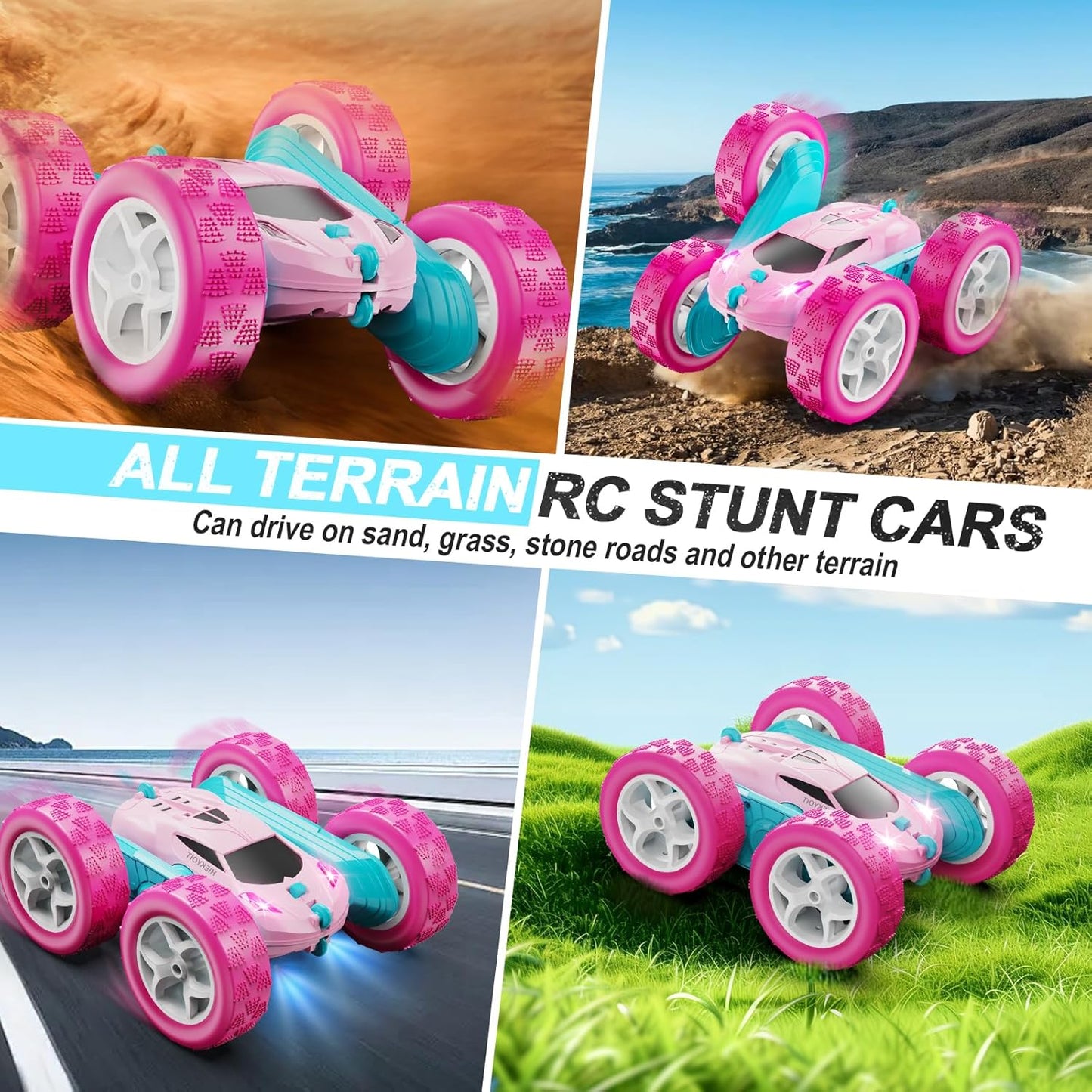 Remote Control Car, Pink RC Cars for Girls, 2.4 GHZ Double Sided RC Stunt Car 360° Rotating Remote Control Crawler with Headlights Cars Toys for 6 7 8 9 10 11 12 Girls Birthday