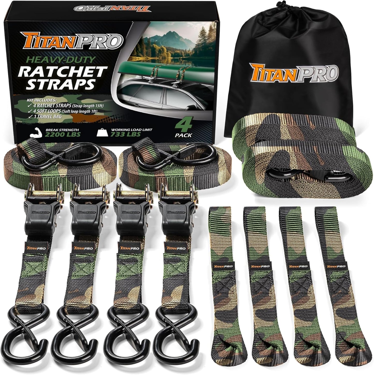 TitanPro Heavy Duty Ratchet Straps 4-Pack - 2,200lb Break Strength, 1" x 15' Rachet Tie Downs with Padded Handles - Heavy Duty, Truck, Motorcycle, Moving Straps (Camo)