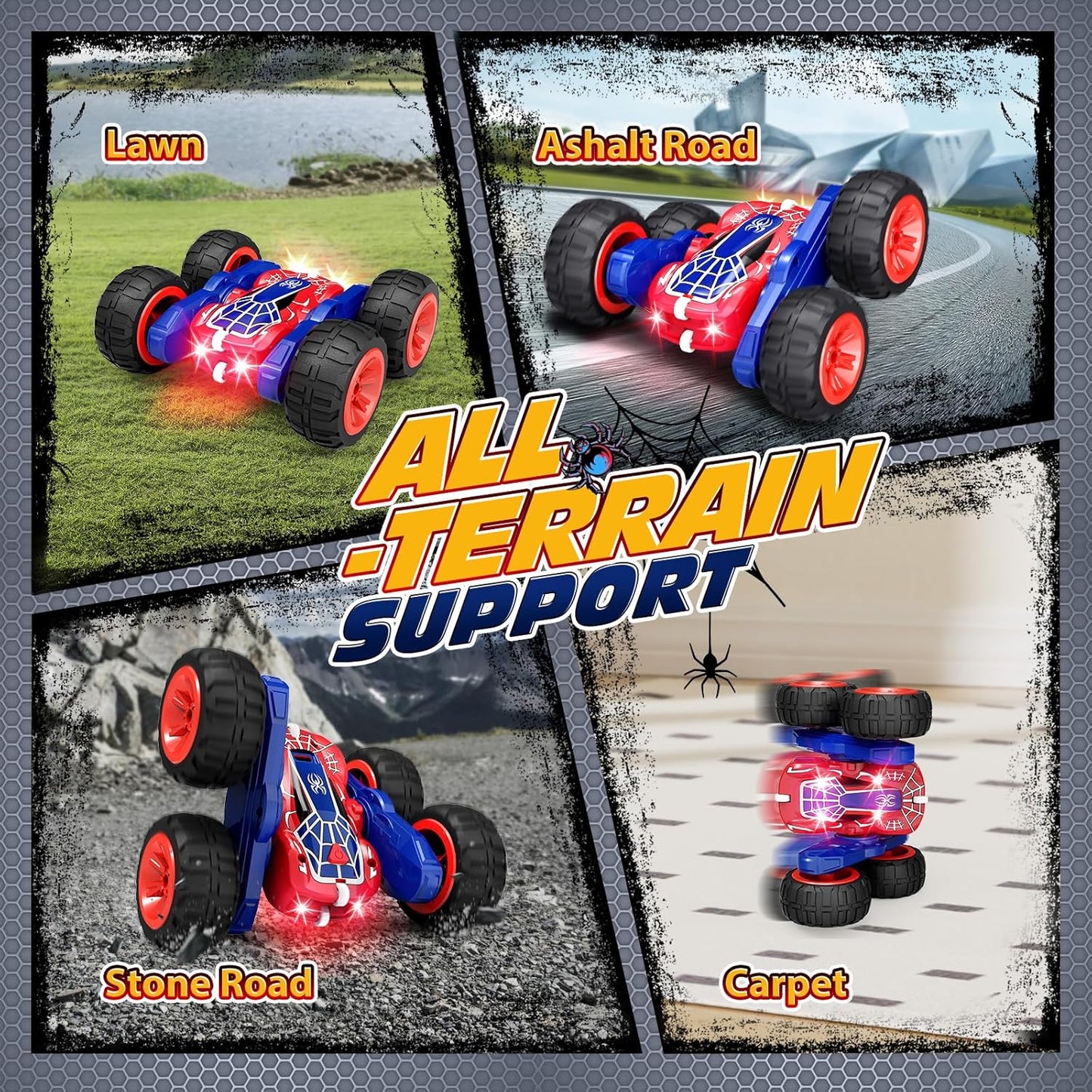 Tecnock Spider Remote Control Car, 2.4GHz RC Cars with USB-C Easy Charging, 4WD Double Sided 360° Rotates & Flips RC Stunt Car, Toys Gift for Boys and Girls