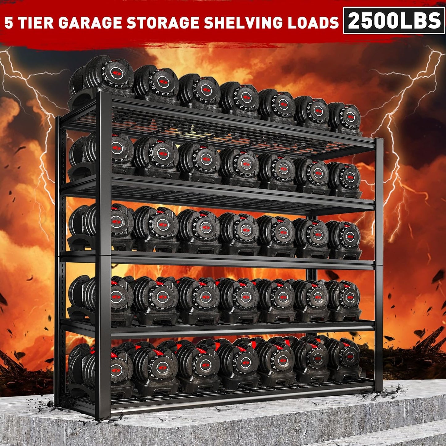 REIBII 48" W Garage Shelving Heavy Duty Load 2500LBS, 5 Tier Storage Shelves, Adjustable Metal Shelves for Warehouse, Pantry, Basement, 48" W X 72" H X18 D, 2PC