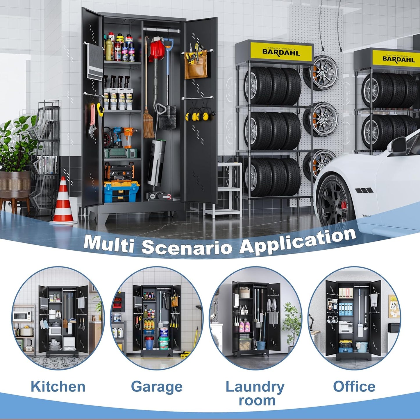 Metal Garage Storage Cabinet with Locking Doors, 71" Tall Broom Closet Storage Cabinet, Heavy Duty Garage Organization Cabinets, Steel Cabinet with Hanging Rod, Assembly Required