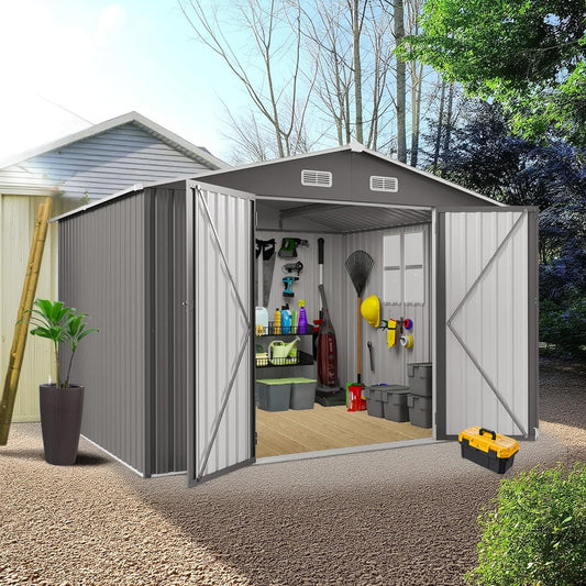 10 x 8 FT Large Outdoor Storage Shed w/Lockable Door, Heavy Duty Metal Garden Sheds with Clear Window and Air Vents, Waterproof Tool House for Bicycles, Tools, Backyards, Patios, Lawns, Gray