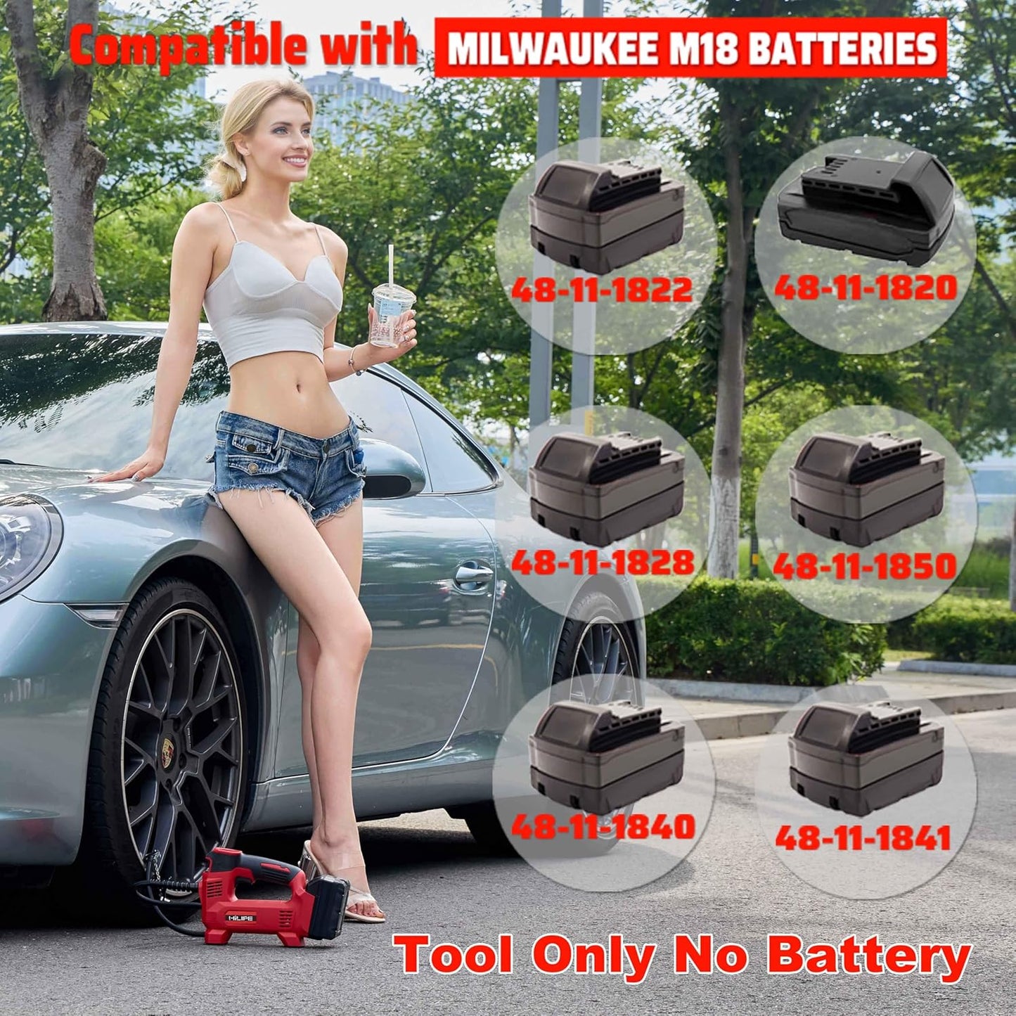 Cordless Tire Inflator Portable Air Compressor for Milwaukee M18 Battery,Lithium Car Air Pump, Auto air pump with Digital Pressure Gauge for Car tires, Bicycle, Ball(Tool Only, NO Battery)