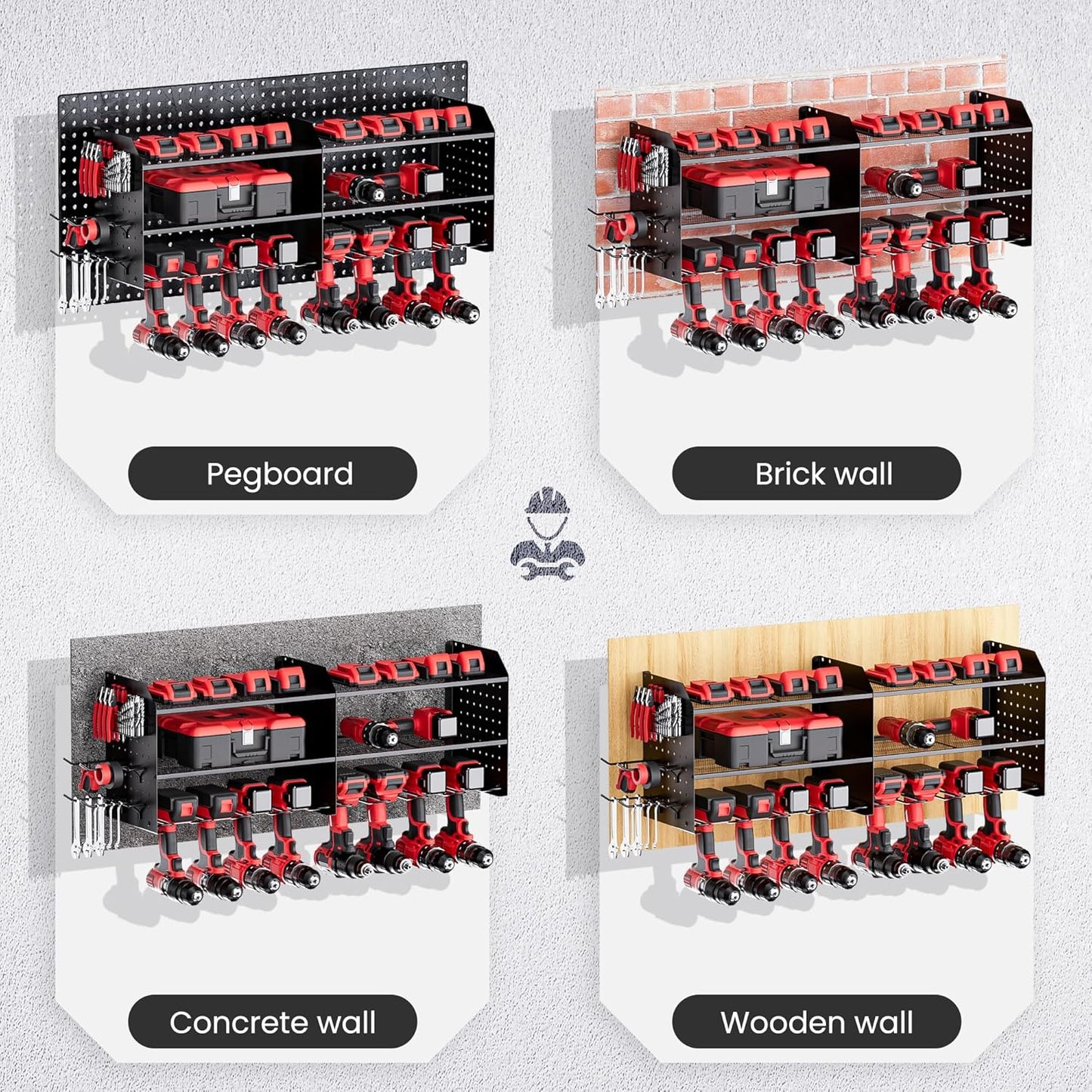 TRZZ 2-in-1 Power Tool Organizer Wall Mount, 3-Layer Drill Holder with 2 Side Pegboards, 8 Drill Holders, 4 Hooks, and 1 Drill Bit Rack, Tool Storage for Garage, Workshop, and Tool Room (Black)