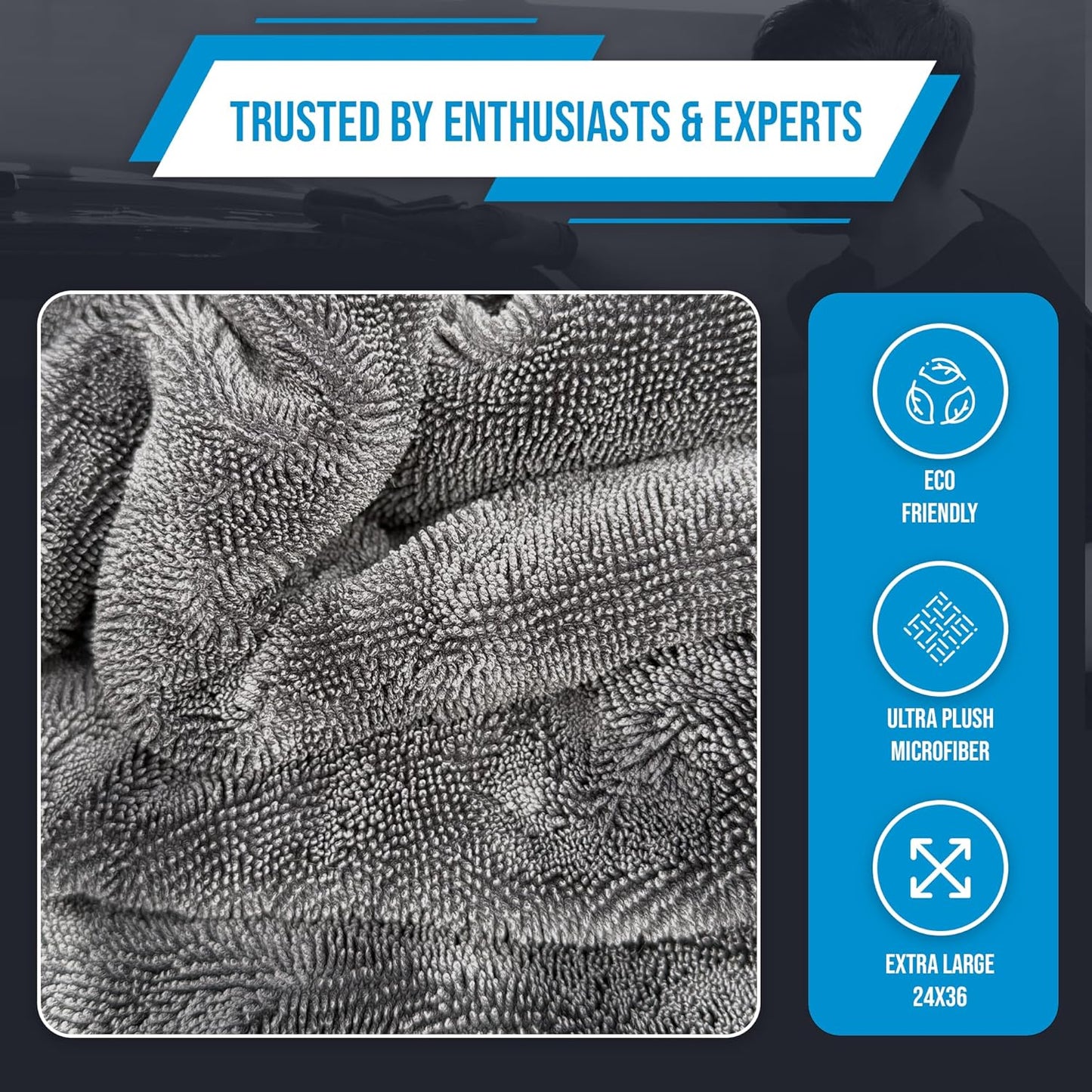 Car Drying Towel Extra Large 36"x24" Super Absorbent - Professional Grade 1400 GSM Microfiber Twisted Loop Design is The Perfect Choice When You Want A Safe Scratch Free and Streak Free Finish