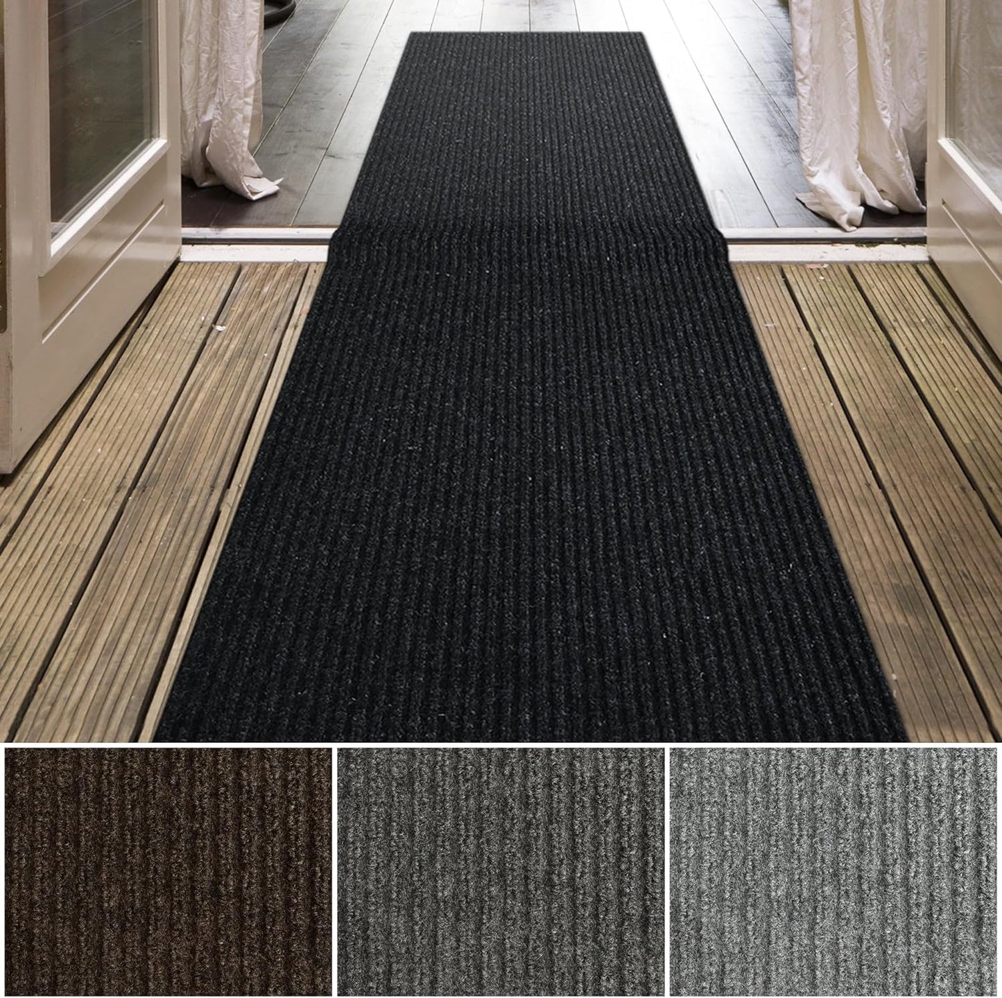 iCustomRug Spartan Weather Warrior Indoor/Outdoor Utility Ribbed Carpet Runner with Non-Slip Thermoplastic Rubber Backing, 3ft X 66ft in Black