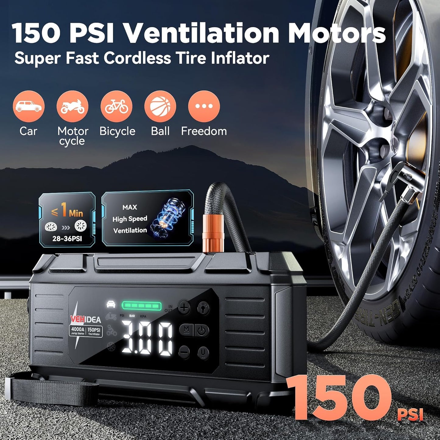 Jump Starter with Air Compressor: 4000A 150PSI Car Battery Charger - 65W Tire Inflator Portable Car Battery Jumper Starter Power Pack - Jump Box Cables (All Gas/10L Diesel) - for Automotive RV Tools