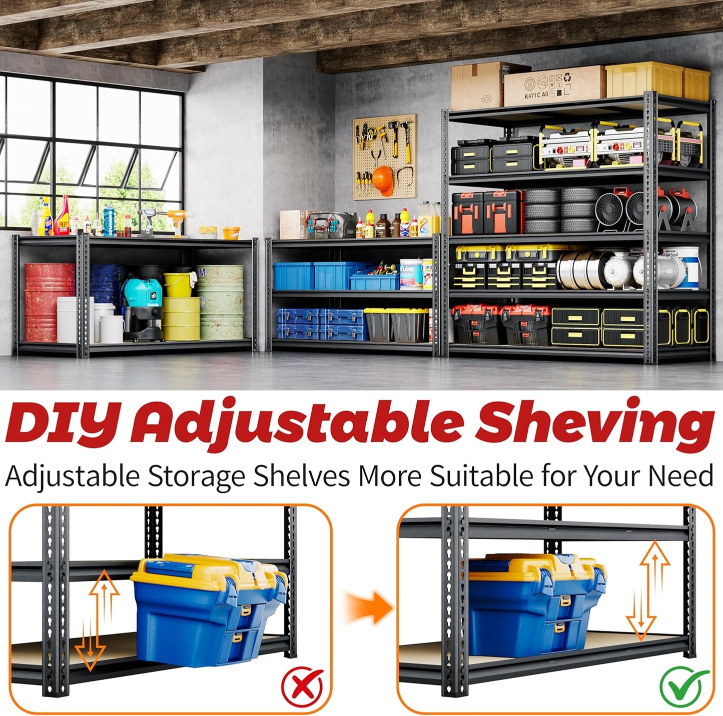 48"W Garage Shelving, 2650LBS Storage Shelves heavy duty, 5 Tier Metal Shelving Unit Adjustable Garage Shelves Heavy Duty Shelving for Warehouse,Commercial, Kitchen, 48" W × 24" D × 72" H, Black