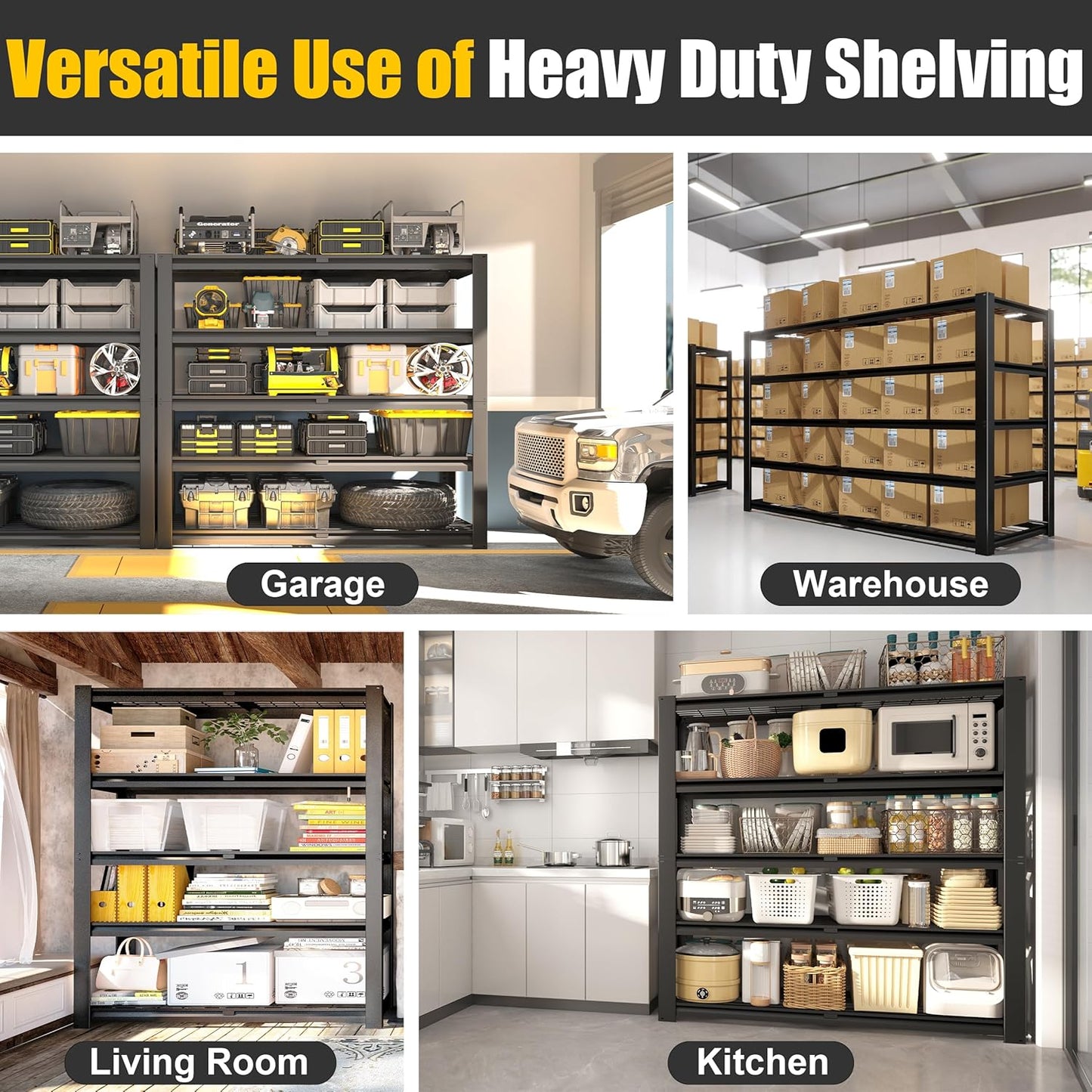 PrimeZone Heavy Duty Storage Shelves - 48" W X 18" D X 72" H Adjustable Garage Wire Shelving Unit, 5 Tier Industrial Metal Shelf Standing Utility Rack for Warehouse, Pantry, Basement, Black, 2 Pack