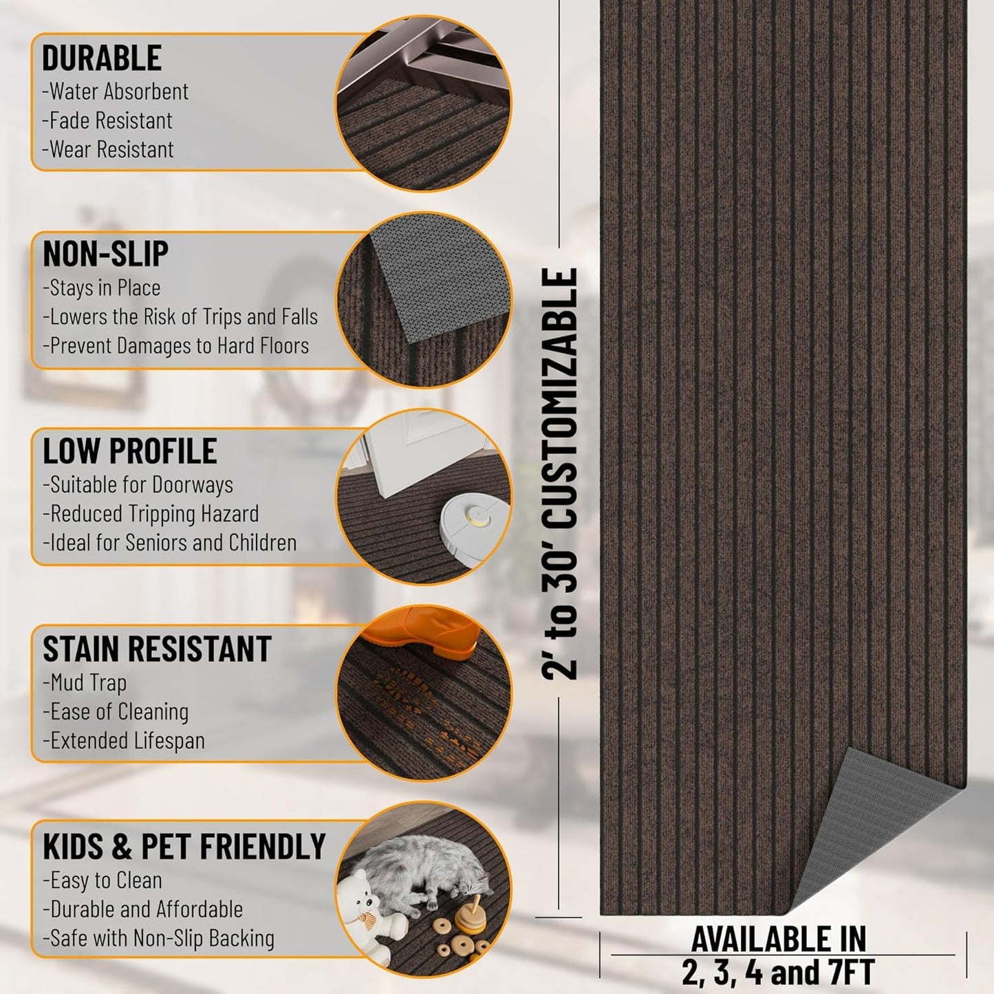 Ottomanson 2'7" x 36' Hallway Runner with Scraper Pile - Extra Durable Non-Slip Rug Mat for Indoor & Outdoor Use - Ideal for Kitchen, Entryway & Garage - High-Traffic Carpet, Brown