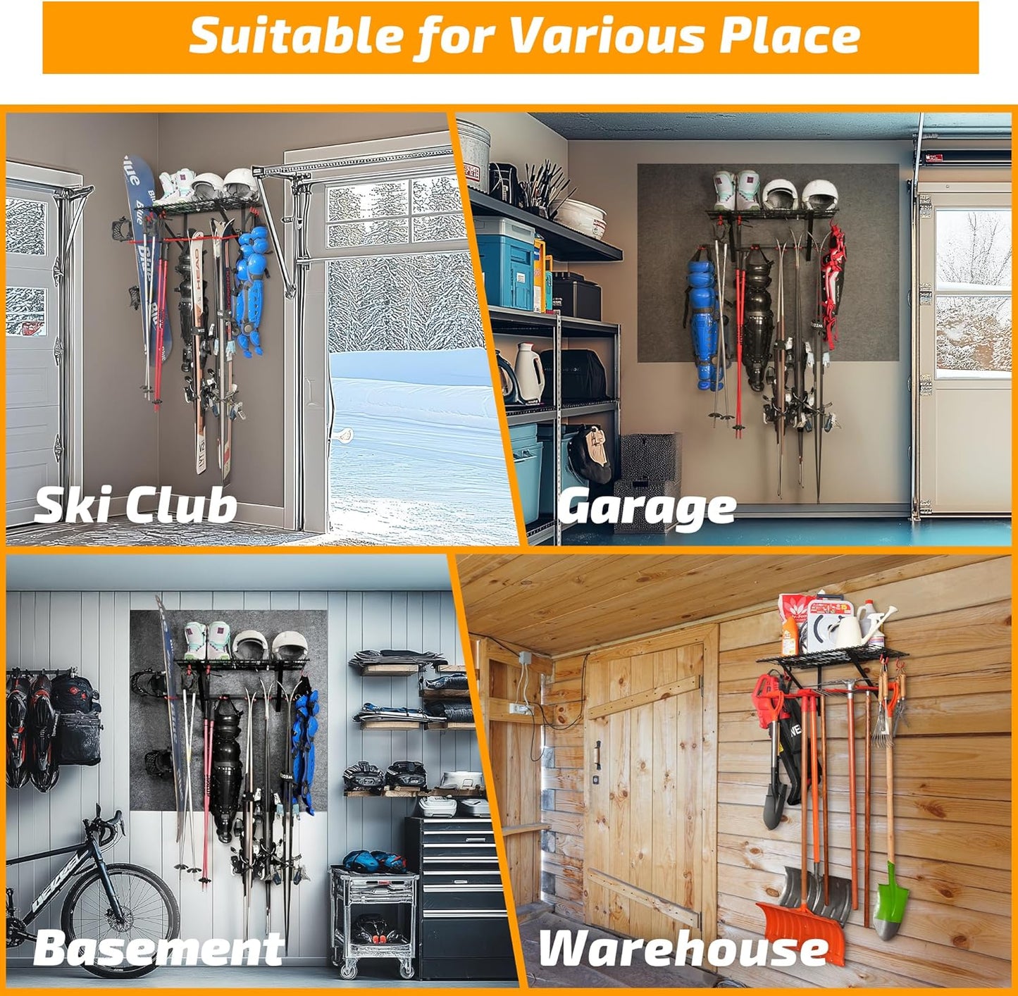 PLKOW Wall-Mounted Ski Rack, Skis Storage Rack for Garage Shed with Top Storage Shelf, Customizable Spacing, Supports Up to 280 lbs, Steel