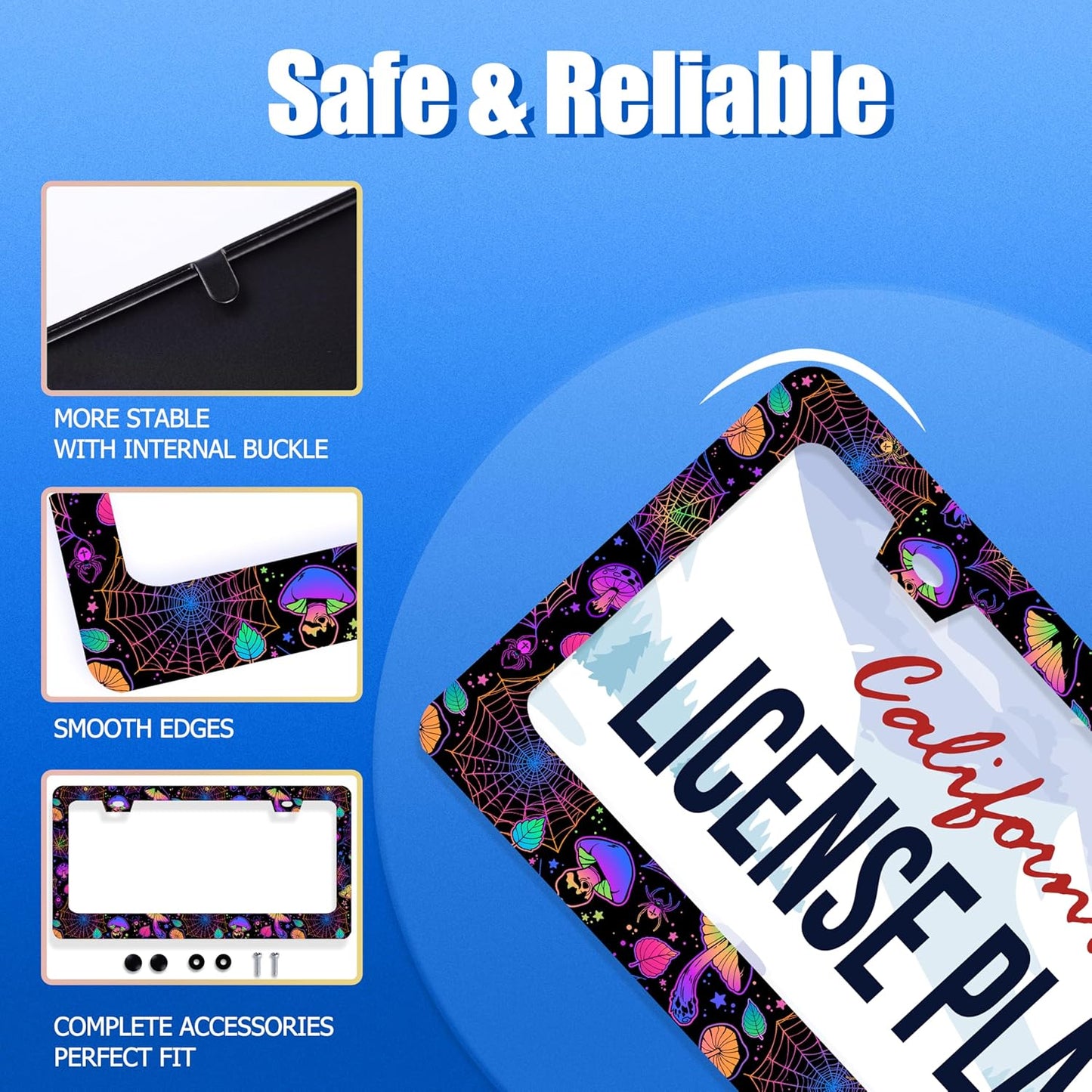 Hippie Mushroom License Plate Frame Mushrooms License Plate Stainless Steel Funny License Plate Holder Colorful Car Accessory with Screws Car Decoration 12.3" x 6.3" for Men Women
