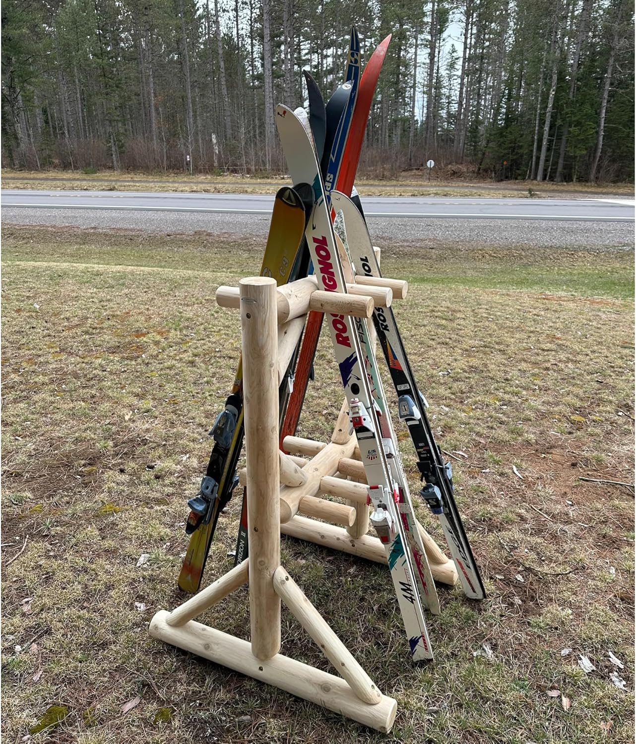 8-Place Freestanding Log Ski Rack Holder, Indoor & Outdoor Snowboard Racks, Standing Storage, Garage Racks for Snow Skis, Durable Snowboard Rack Garage Storage Organizer - Unfinished