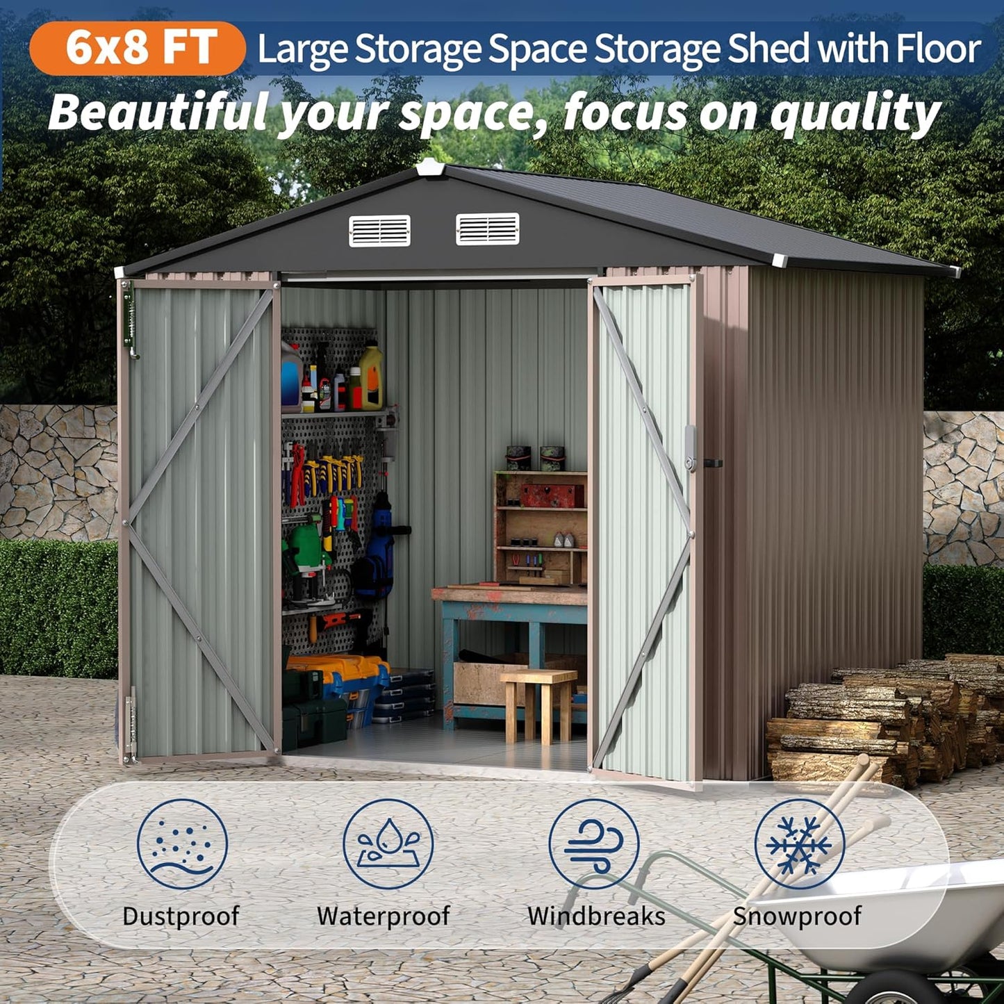 6x8x6.4 FT Outdoor Storage Sheds with Floor, Metal Garden Tool Shed for Backyard, Large Metal Sheds Outdoor Storage With Lockable Doors & Air Vents for Backyard Garden Patio Lawn