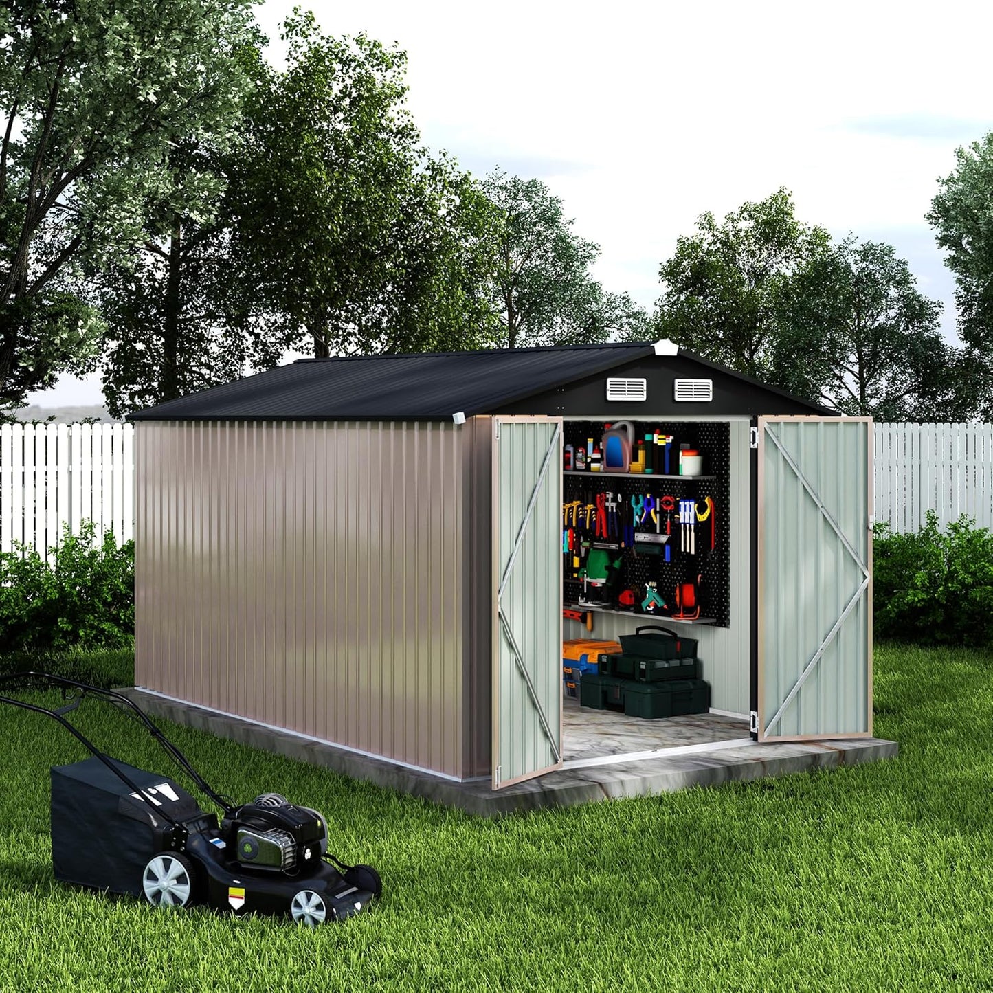 8x12x6.4 FT Outdoor Storage Sheds, Metal Garden Tool Shed for Backyard, Large Metal Sheds Outdoor Storage With Lockable Doors & Air Vents for Backyard Garden Patio Lawn